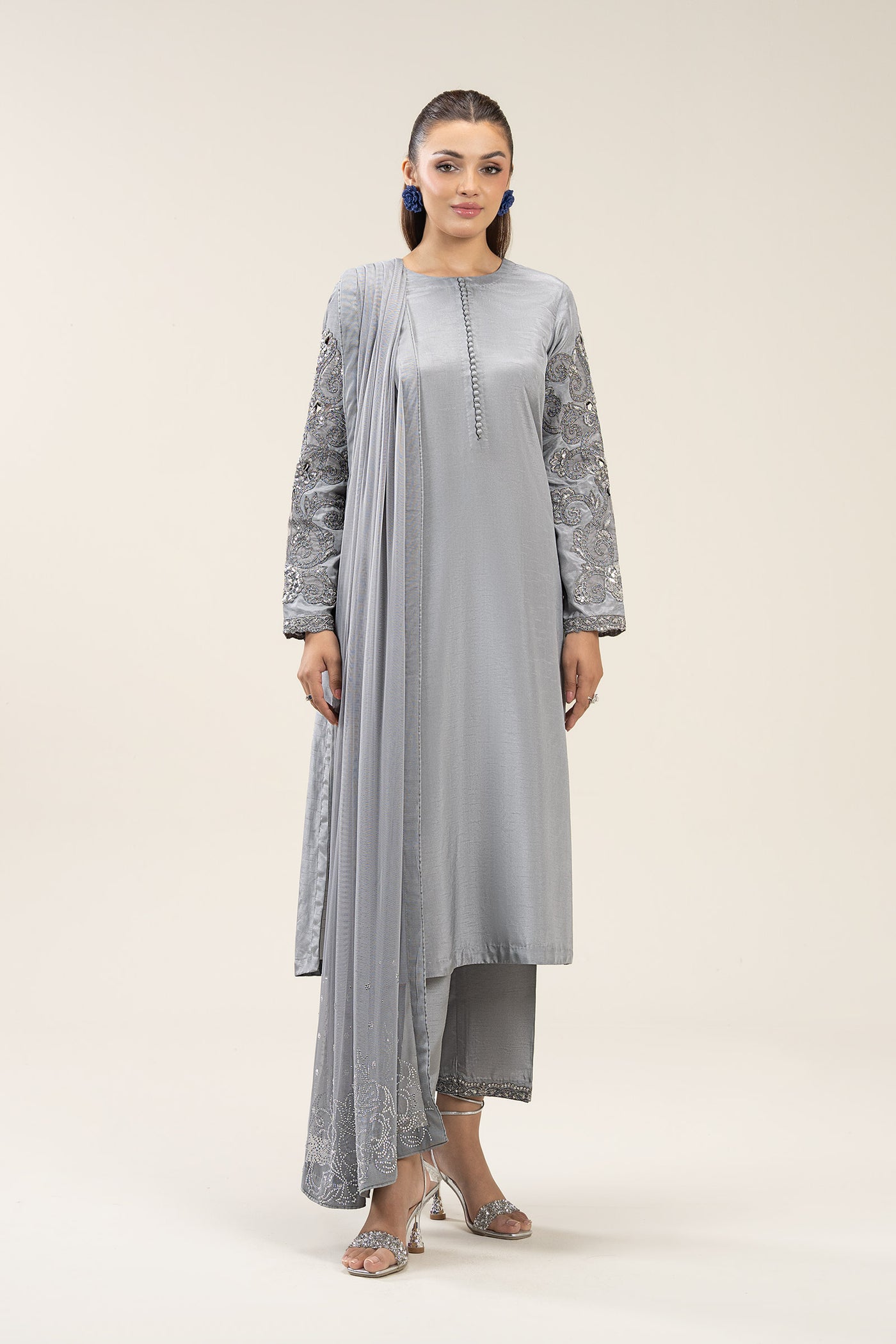 3 Pc Embroidered Bamberg Raw Silk Suit