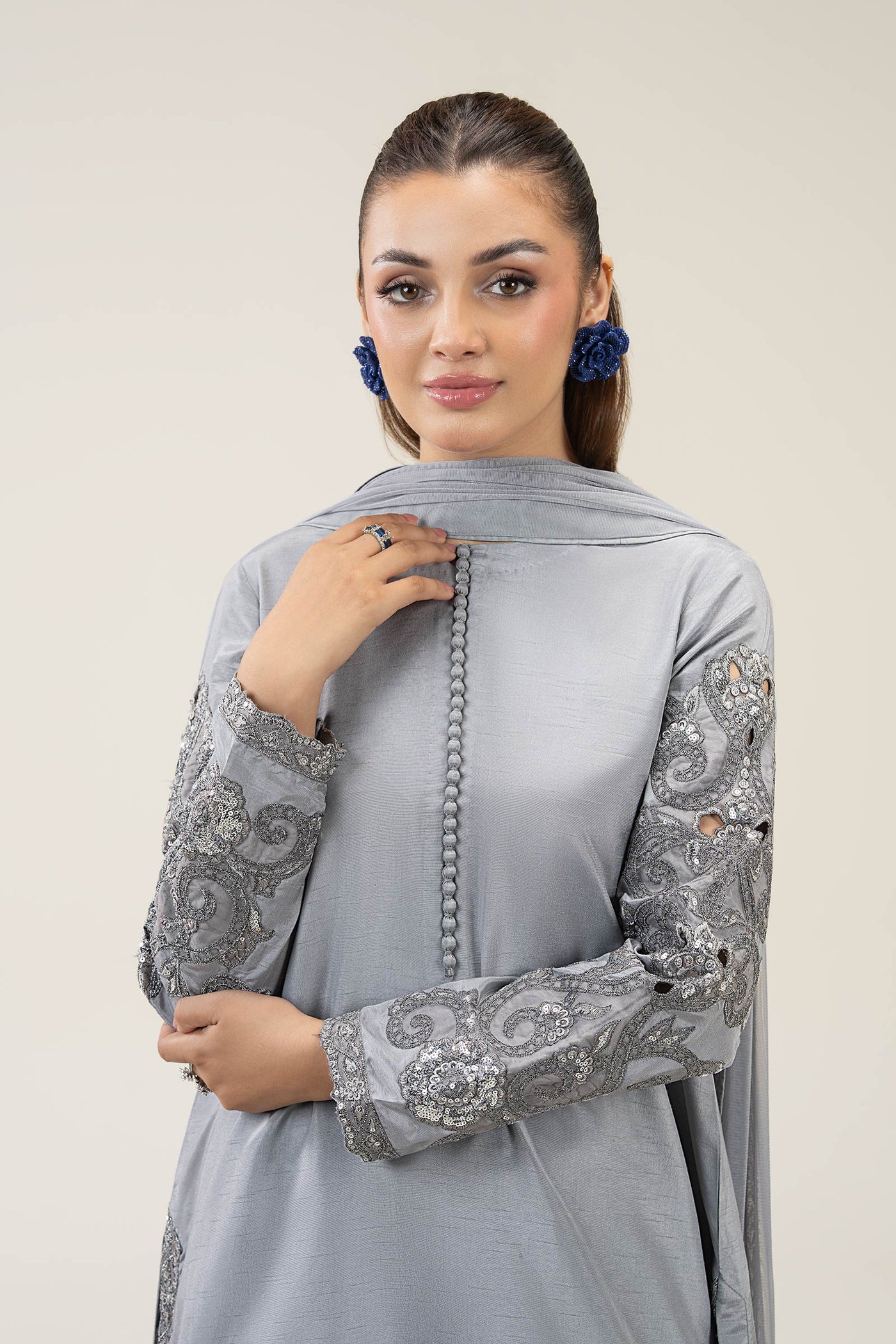 3 Pc Embroidered Bamberg Raw Silk Suit