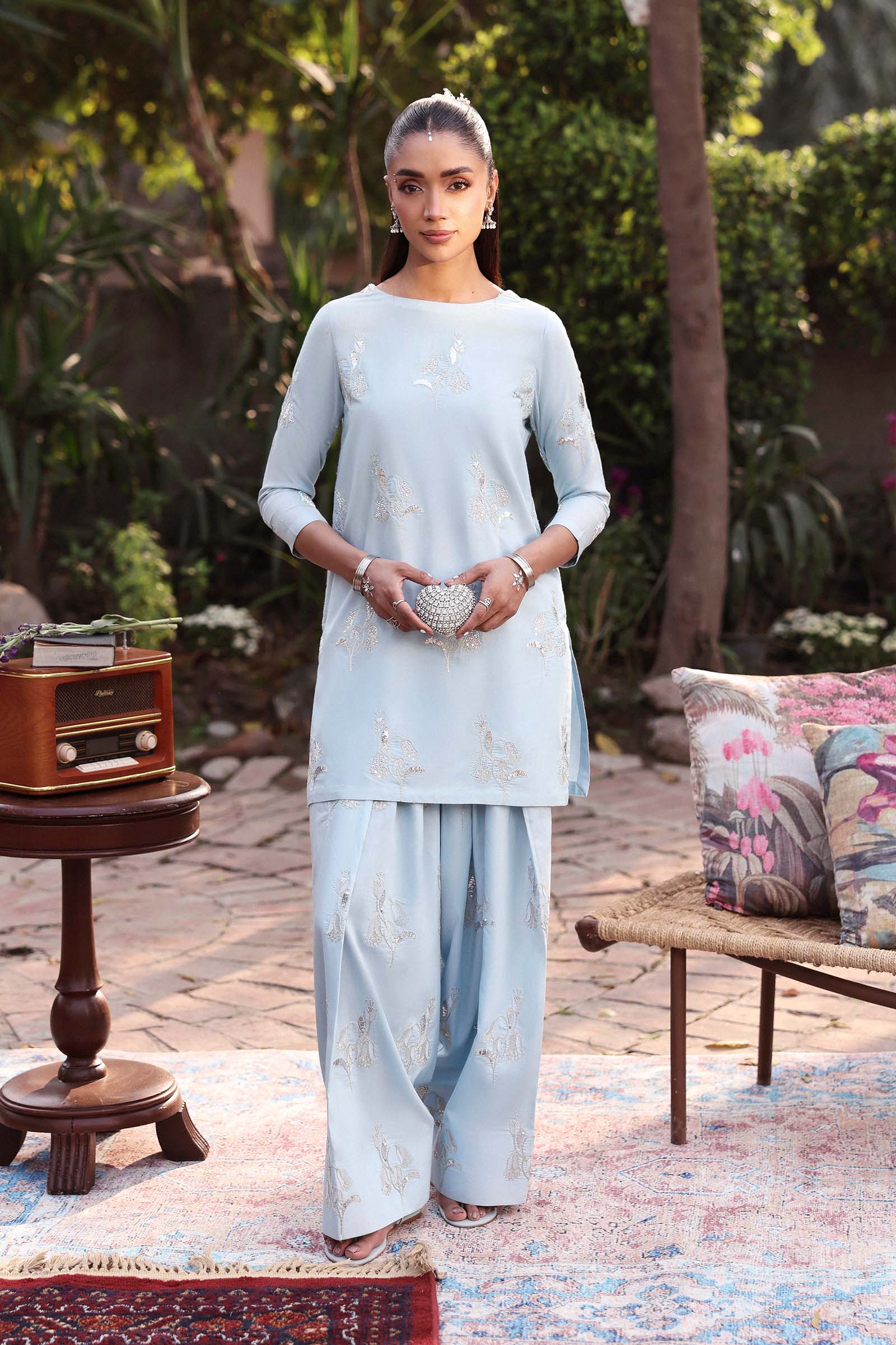 2 Pc Embroidered Yarn Dyed Cotton Silk Suit