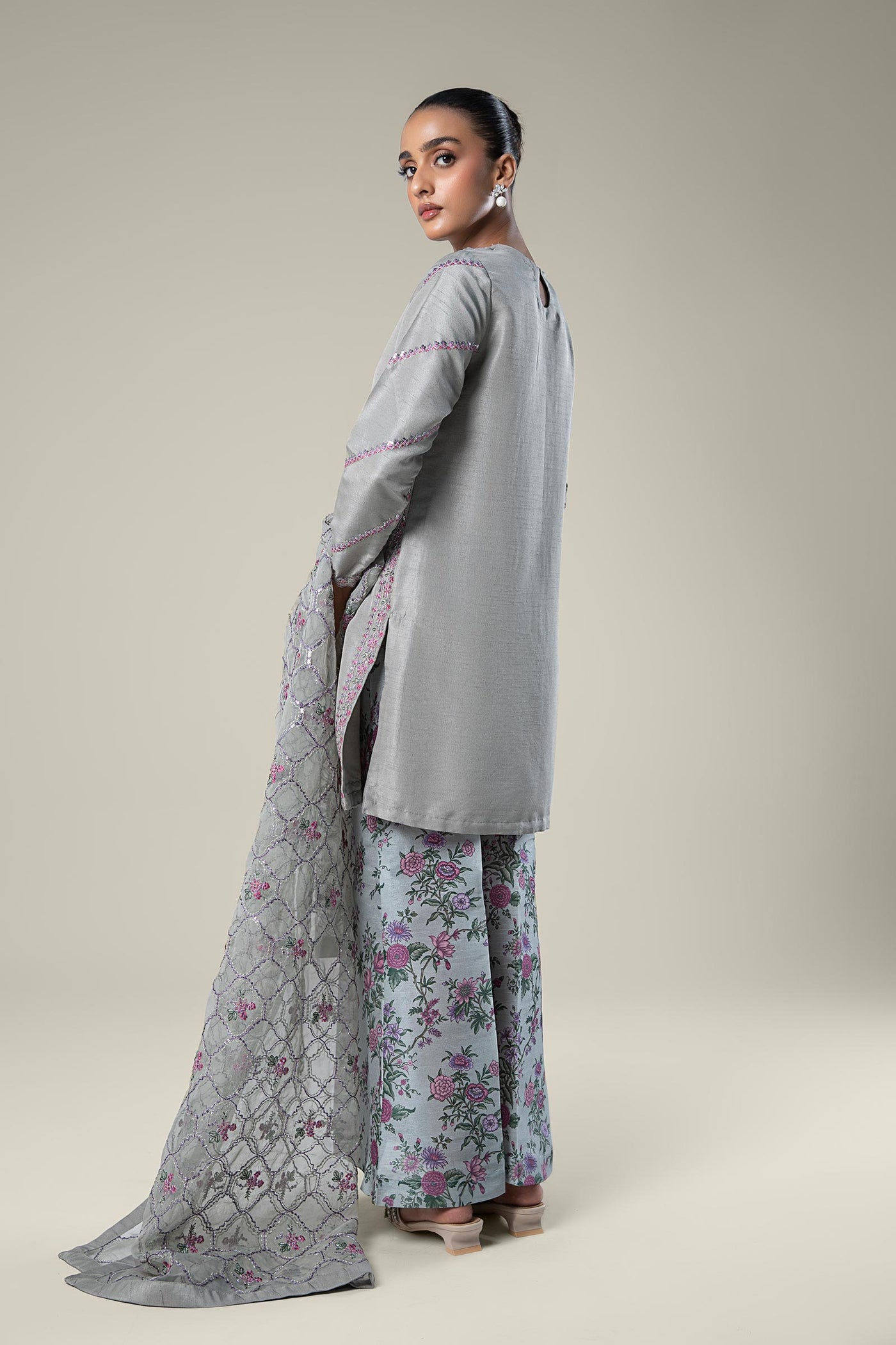 3 Pc Embroidered Raw Silk Suit
