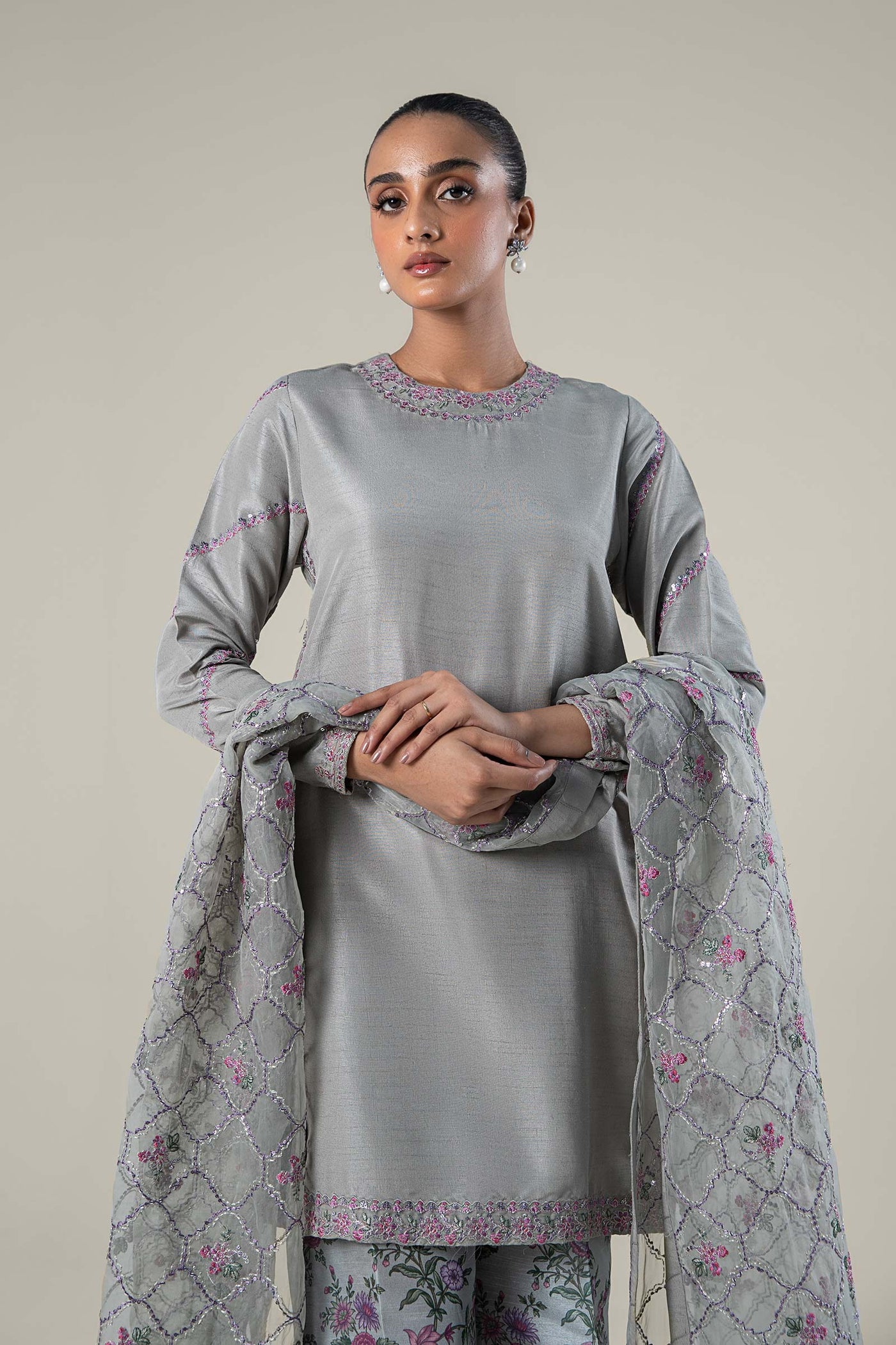 3 Pc Embroidered Raw Silk Suit