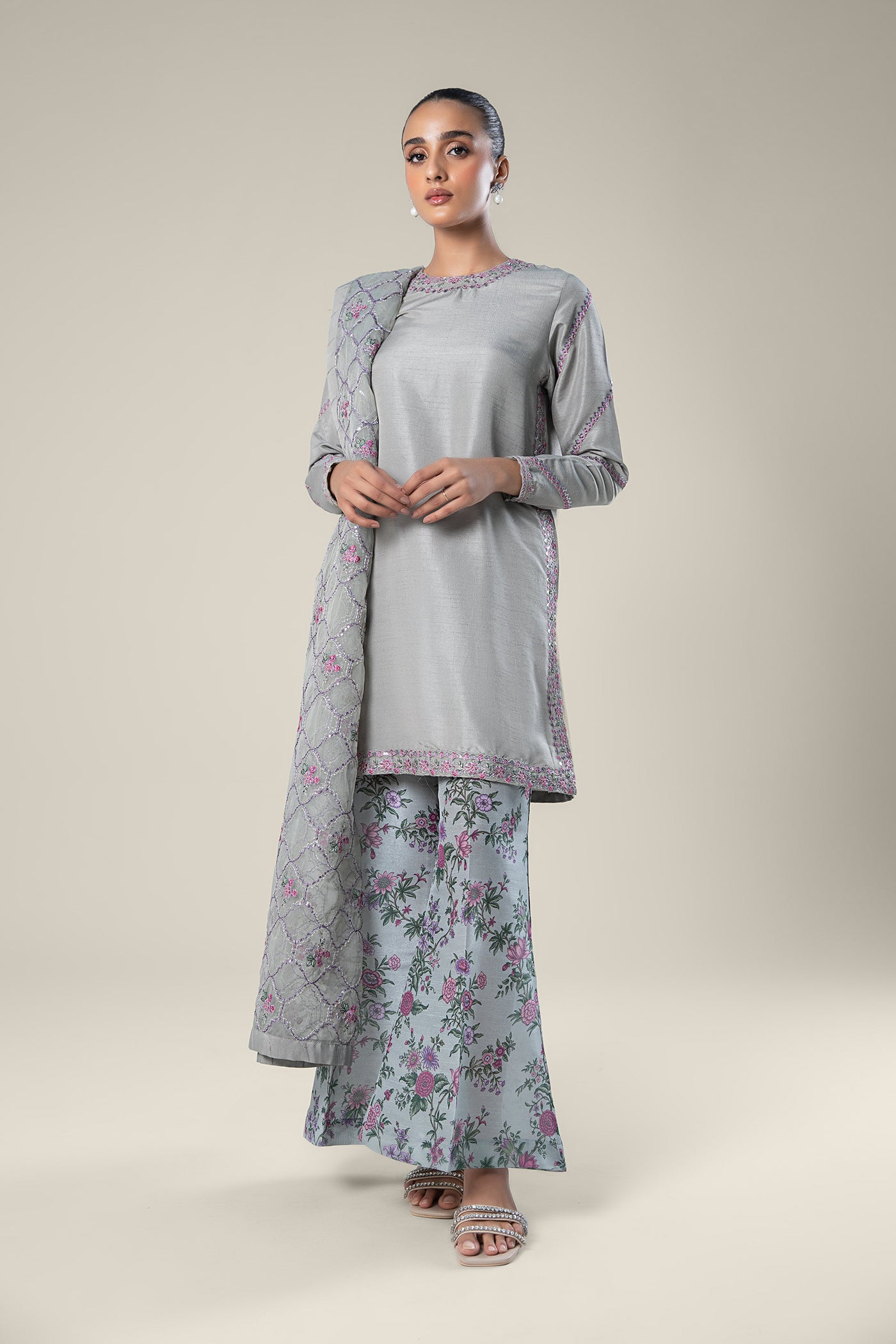 3 Pc Embroidered Raw Silk Suit
