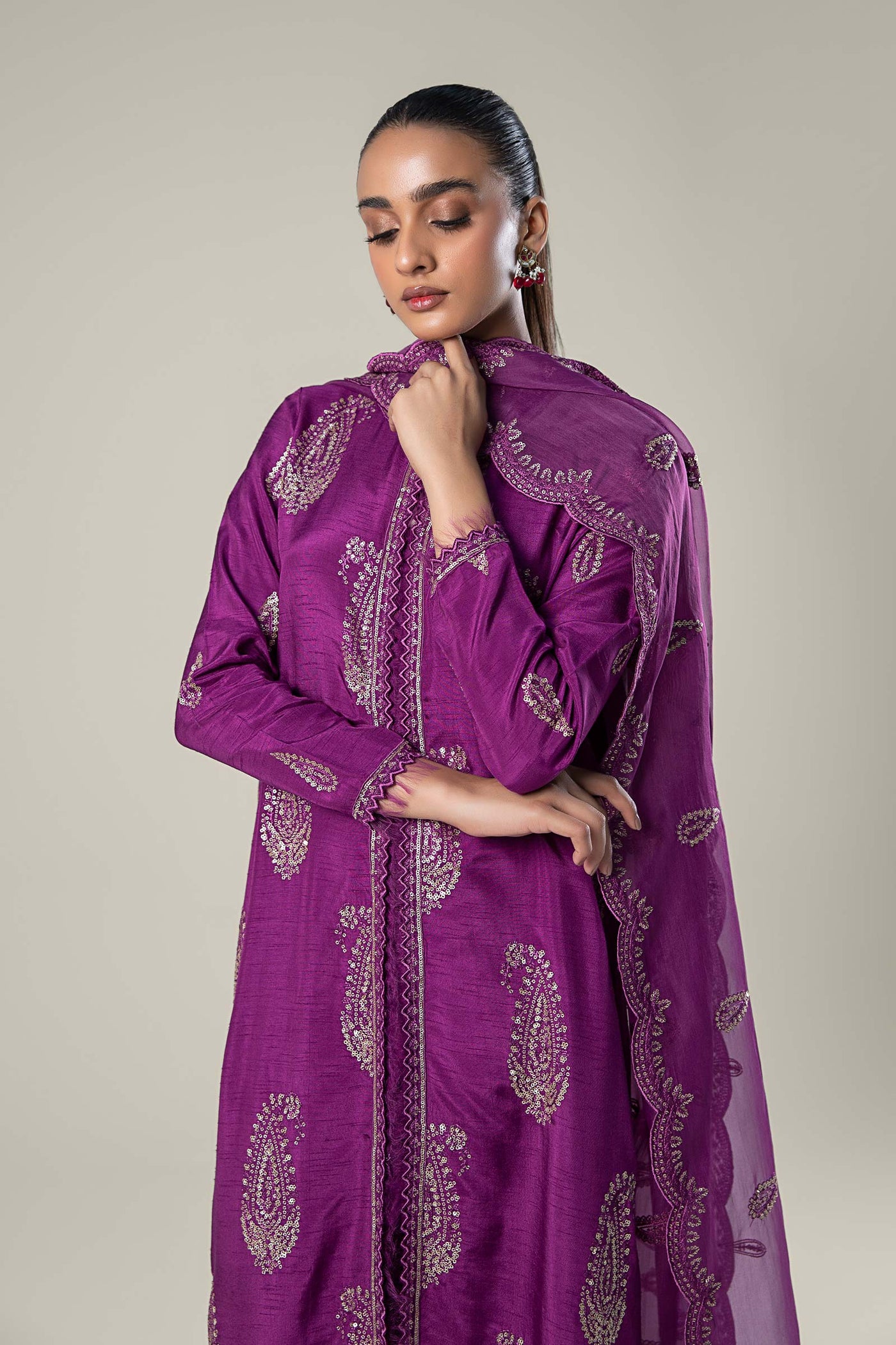 2 Pc Embroidered Raw Silk Suit