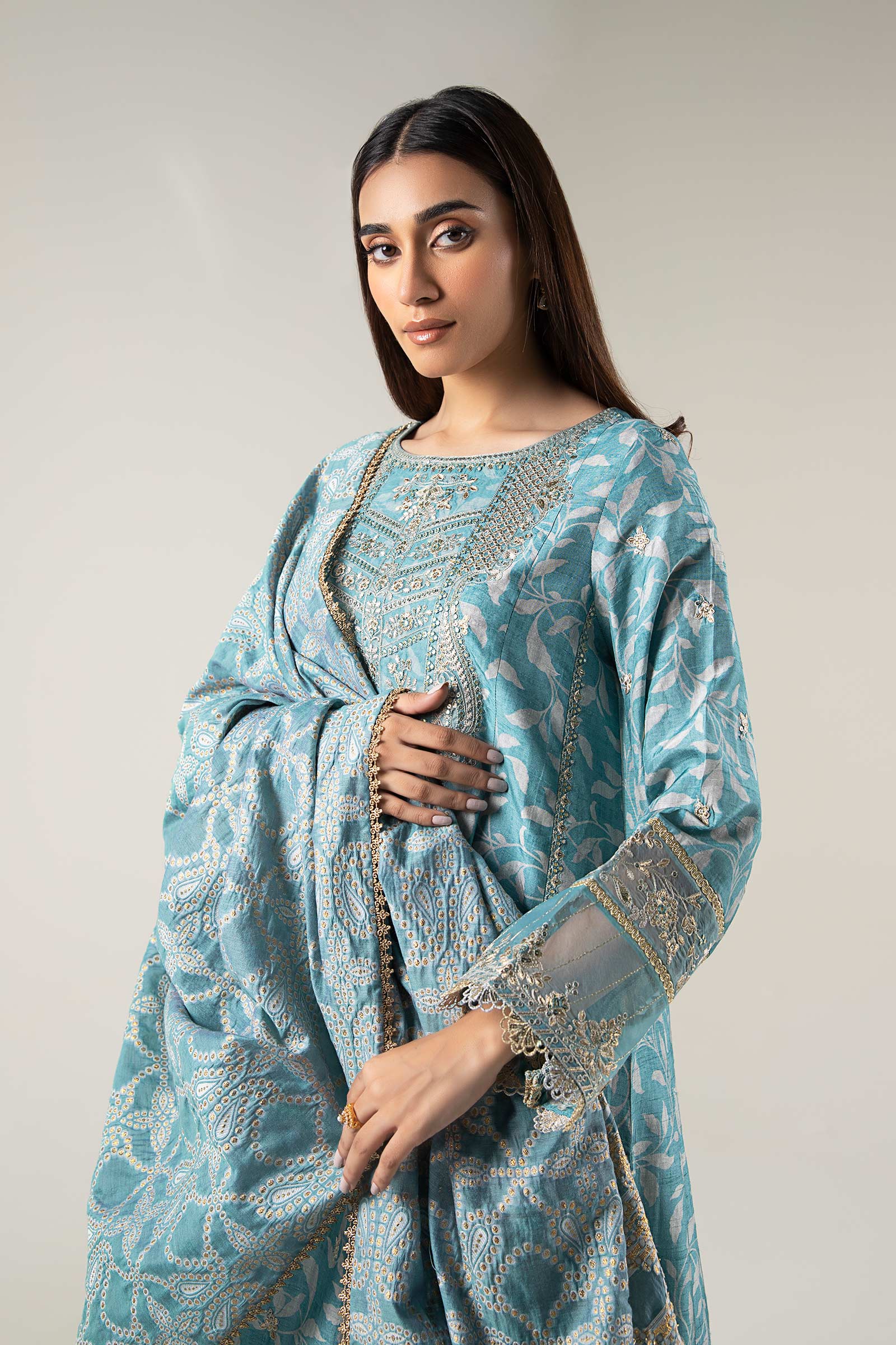2 Pc Pinted Raw Silk Suit