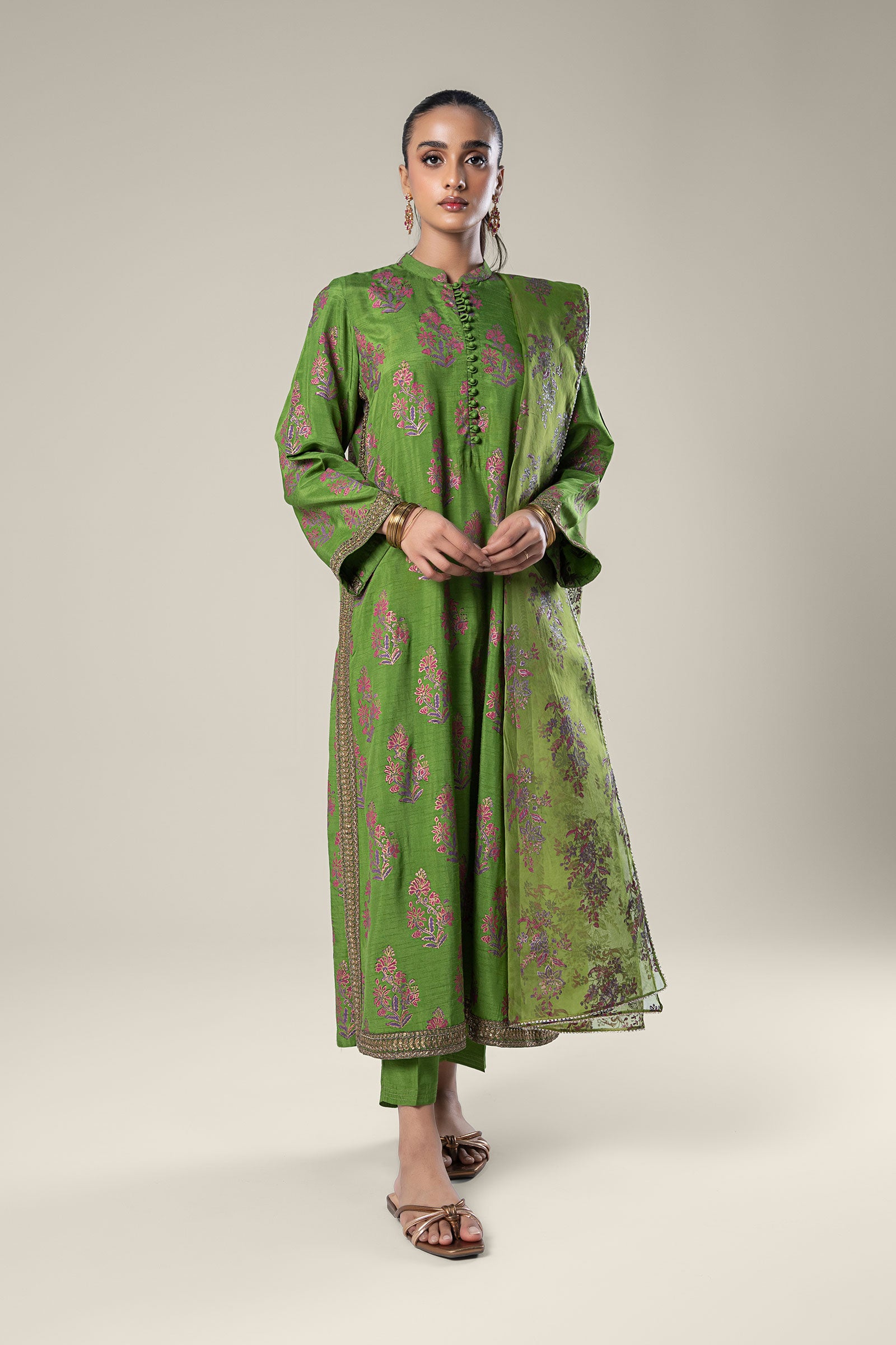 3 Pc Embroidered Raw Silk Suit