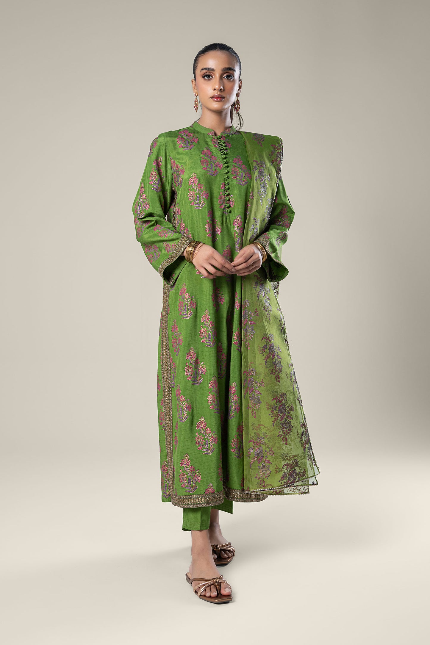 3 Pc Embroidered Raw Silk Suit