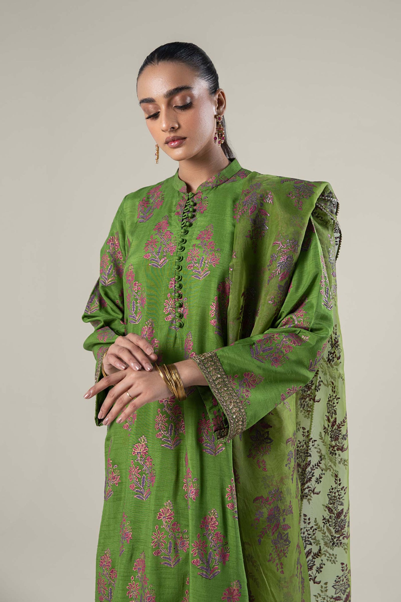 3 Pc Embroidered Raw Silk Suit