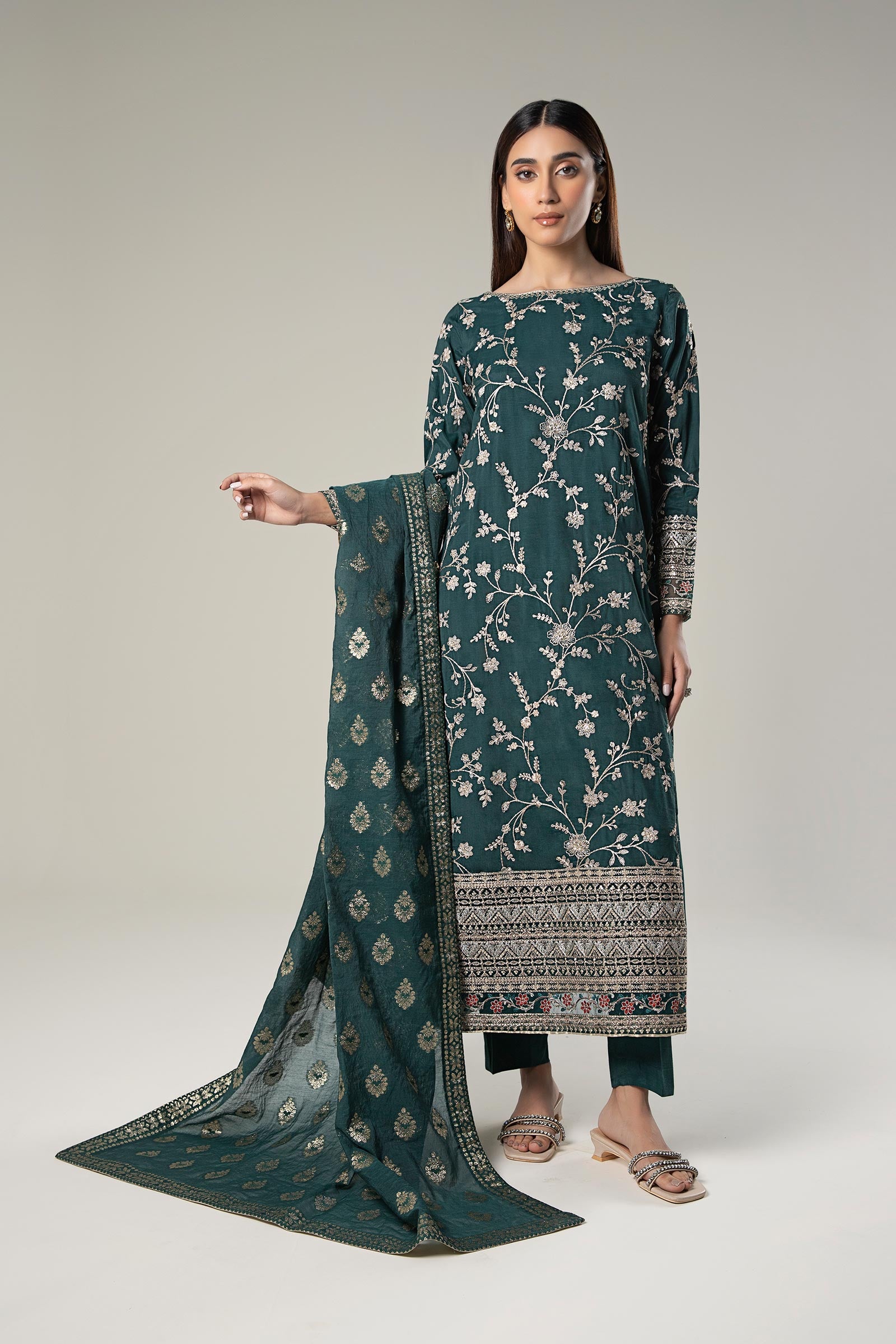 3 Pc Embroidered Raw Silk Suit