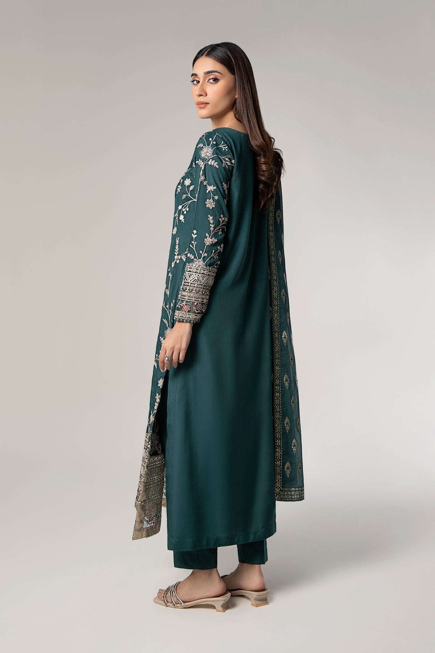 3 Pc Embroidered Raw Silk Suit