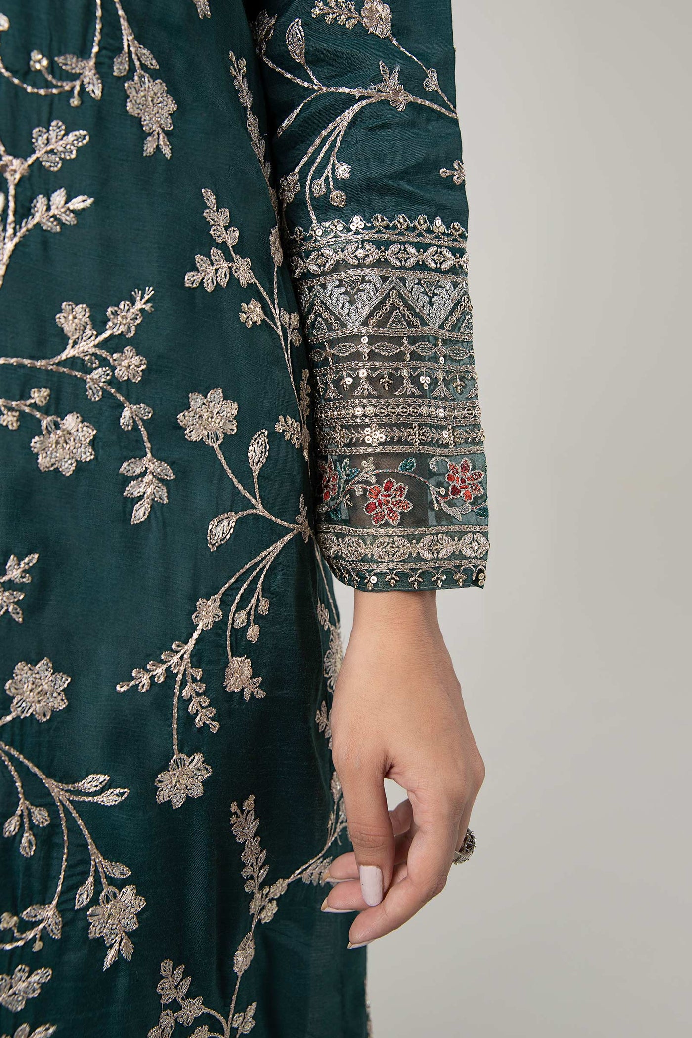 3 Pc Embroidered Raw Silk Suit