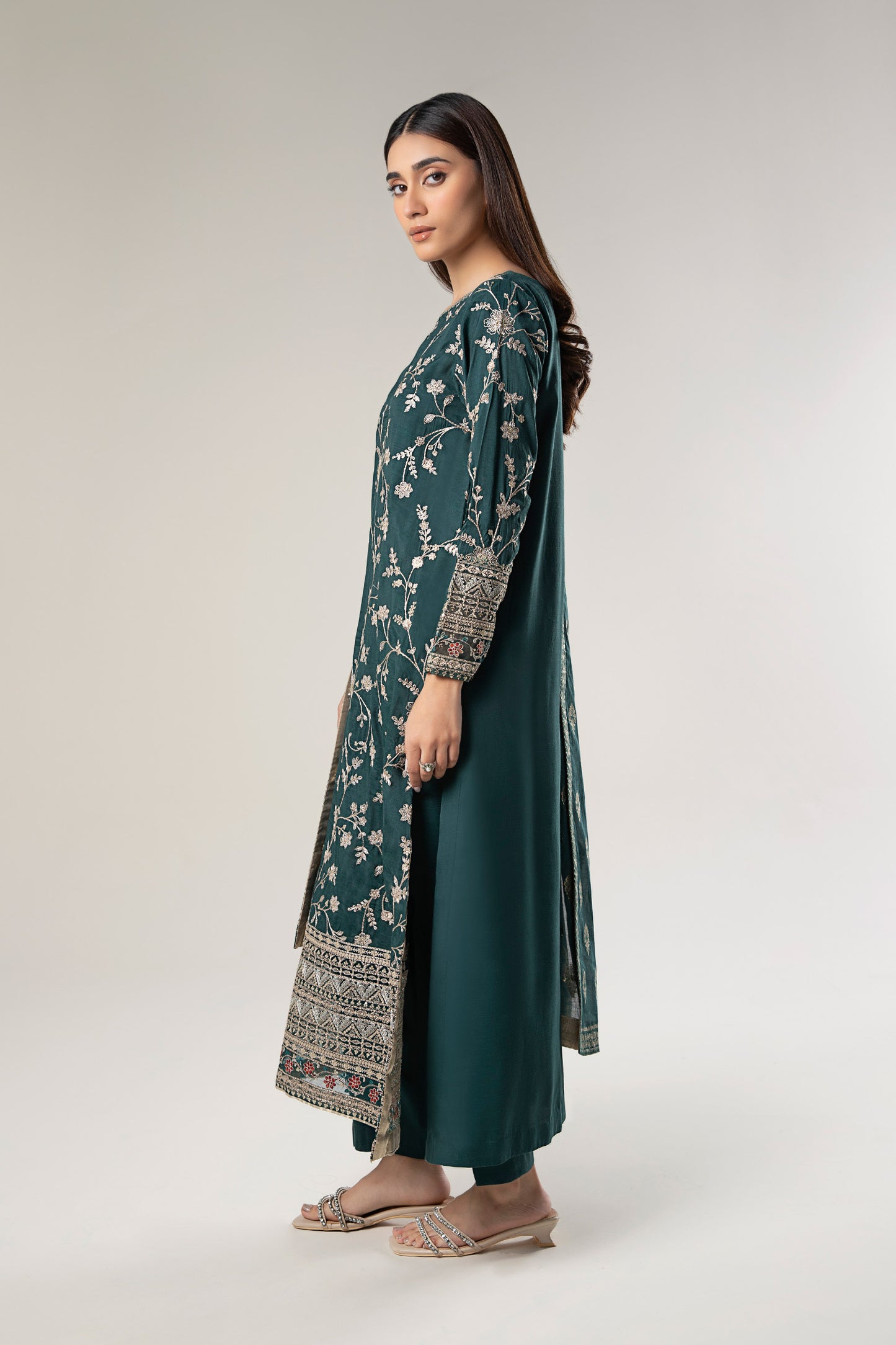 3 Pc Embroidered Raw Silk Suit
