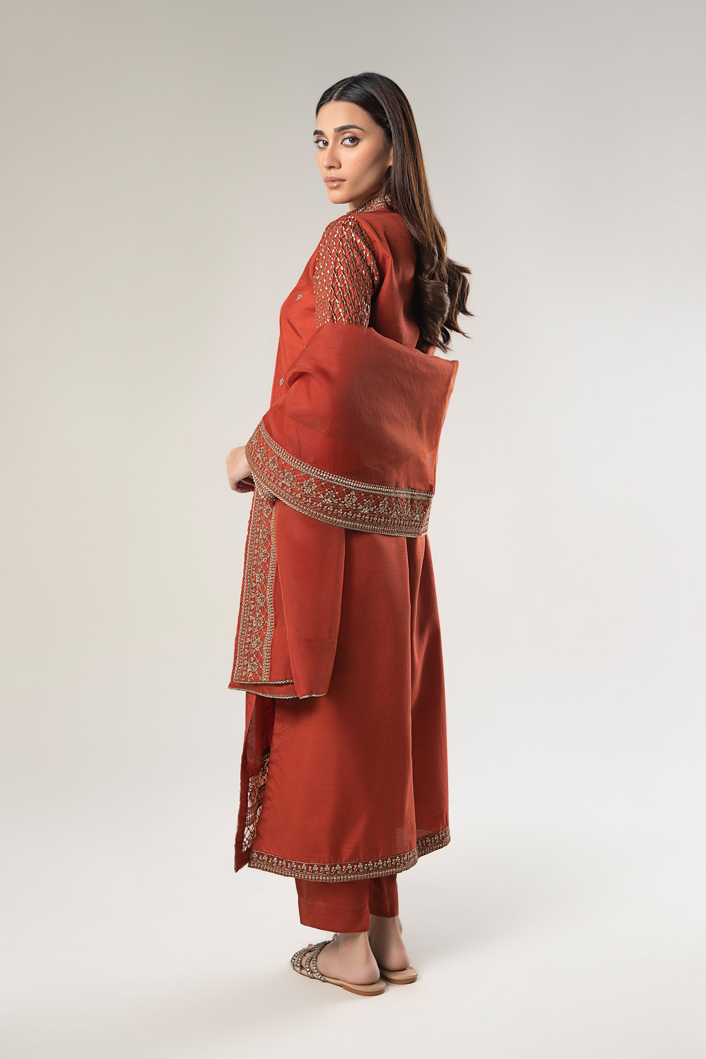 3 Pc Embroidered Raw Silk Suit