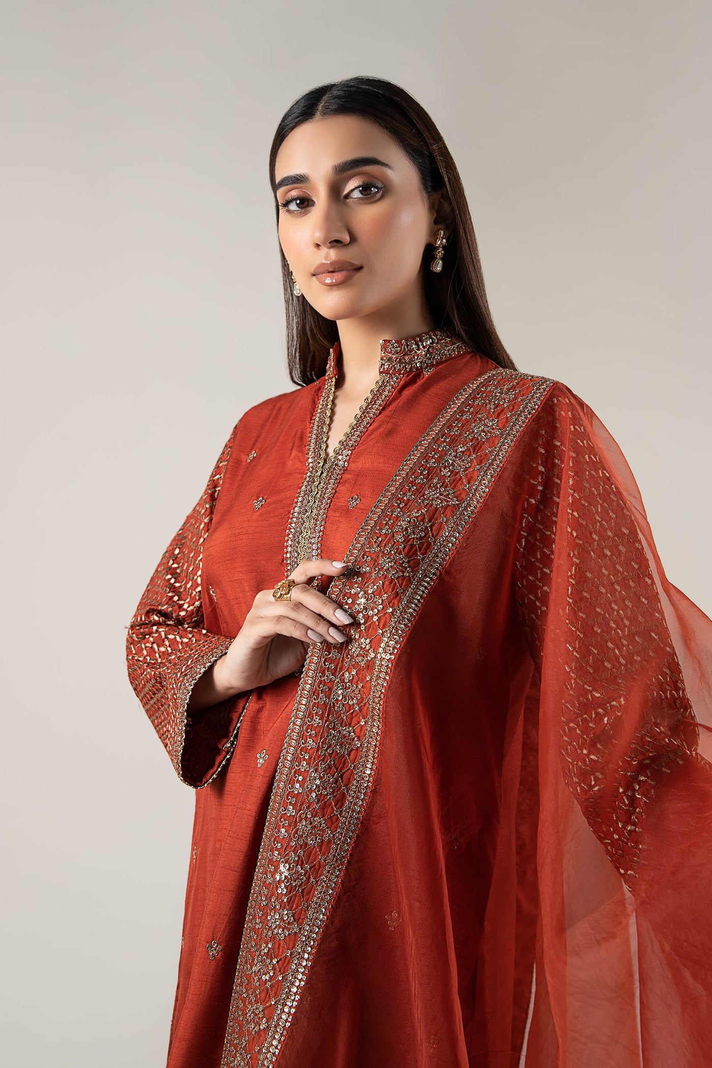 3 Pc Embroidered Raw Silk Suit