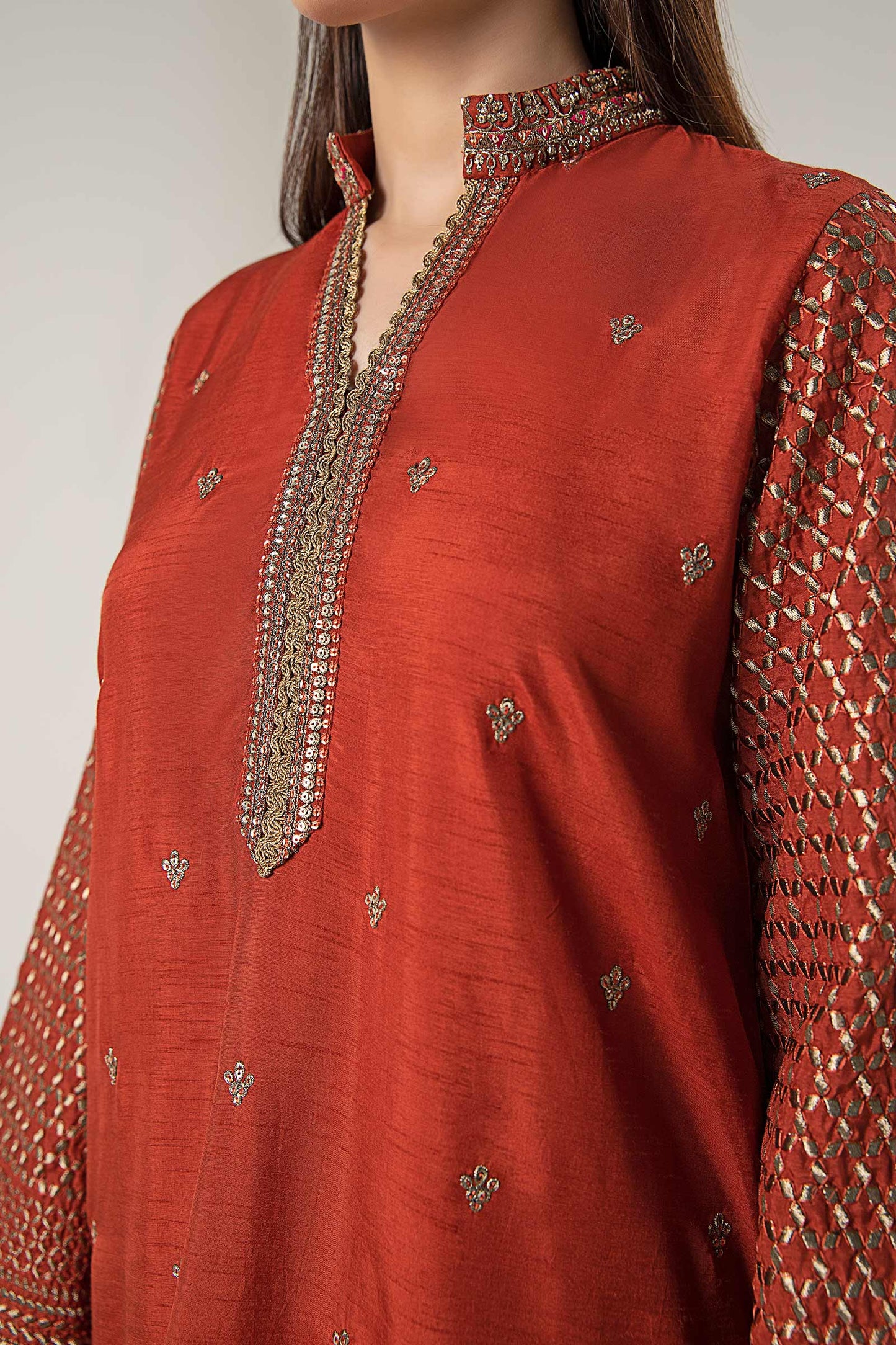 3 Pc Embroidered Raw Silk Suit