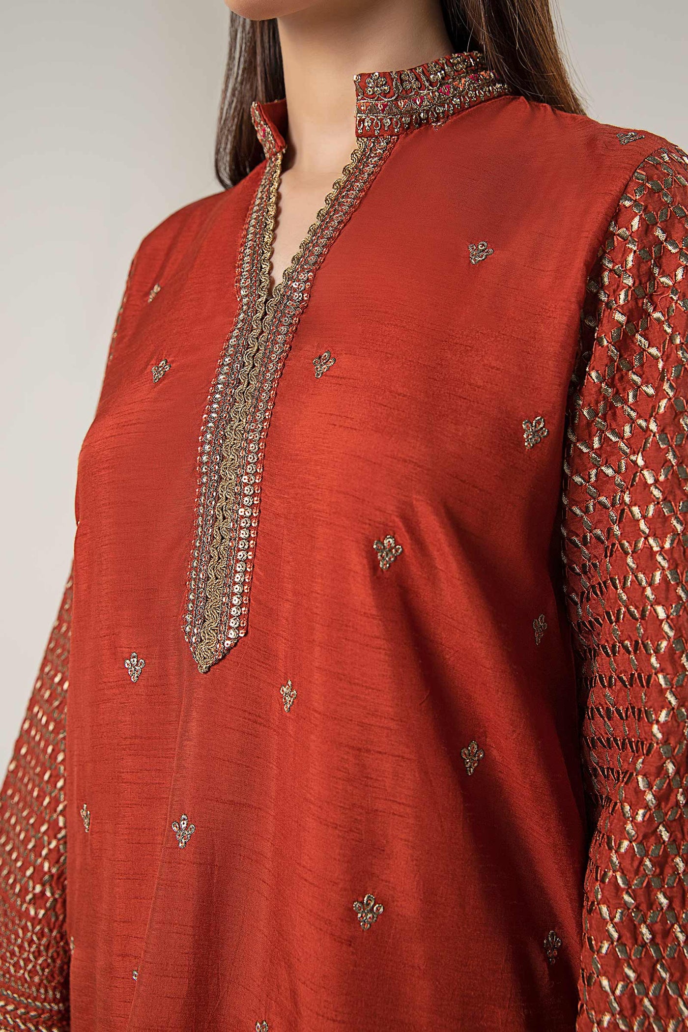 3 Pc Embroidered Raw Silk Suit
