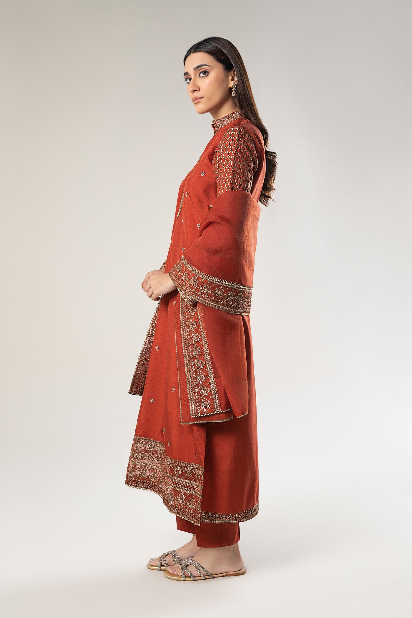 3 Pc Embroidered Raw Silk Suit