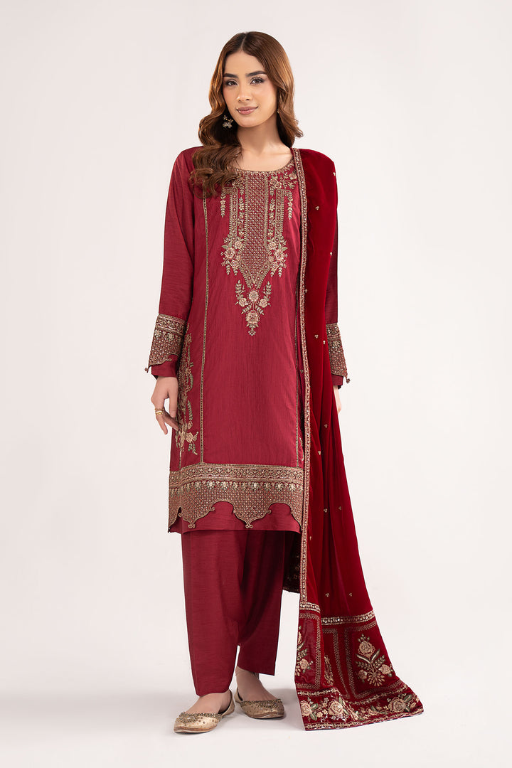 3 Pc Embroidered Raw Silk Suit All Products MBPW602-ESM-MRN