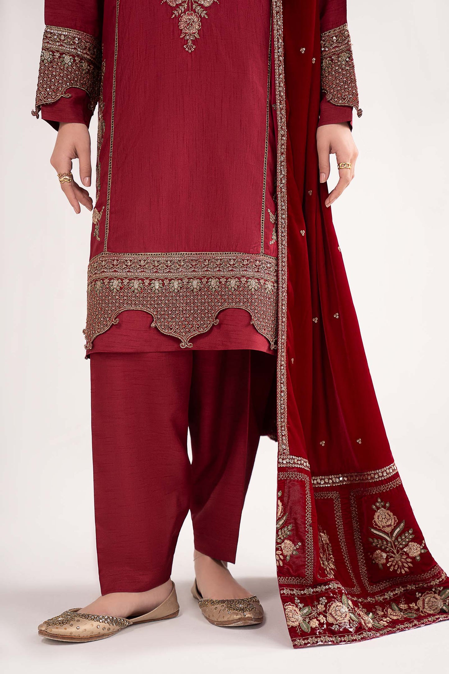 3 Pc Embroidered Raw Silk Suit