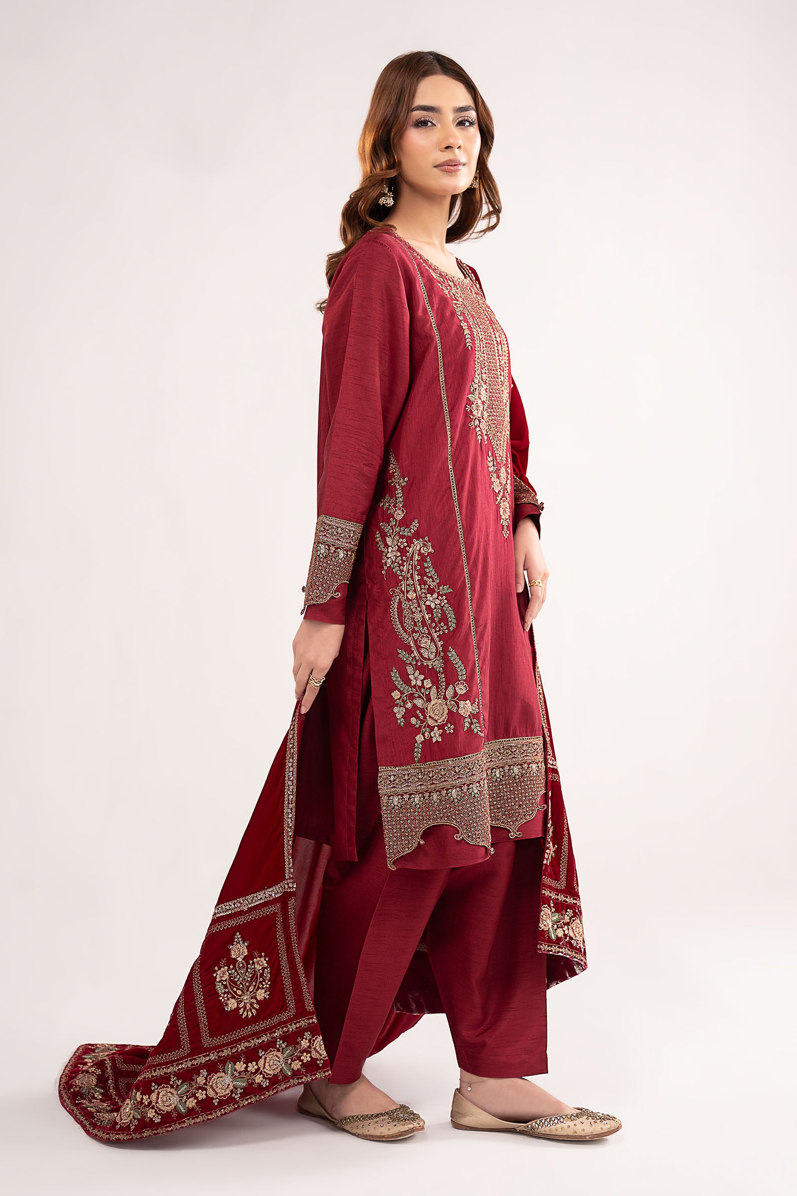 3 Pc Embroidered Raw Silk Suit