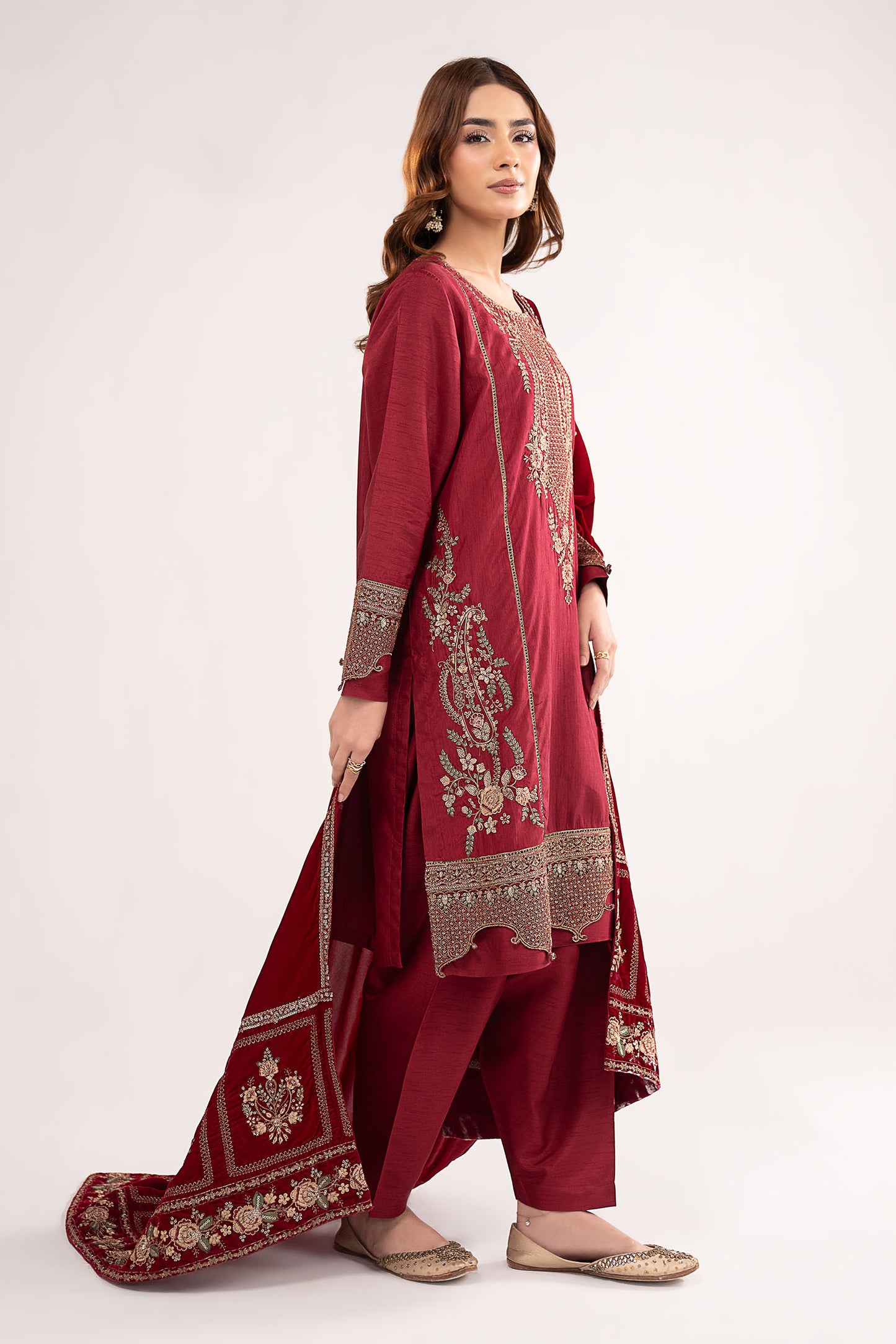 3 Pc Embroidered Raw Silk Suit