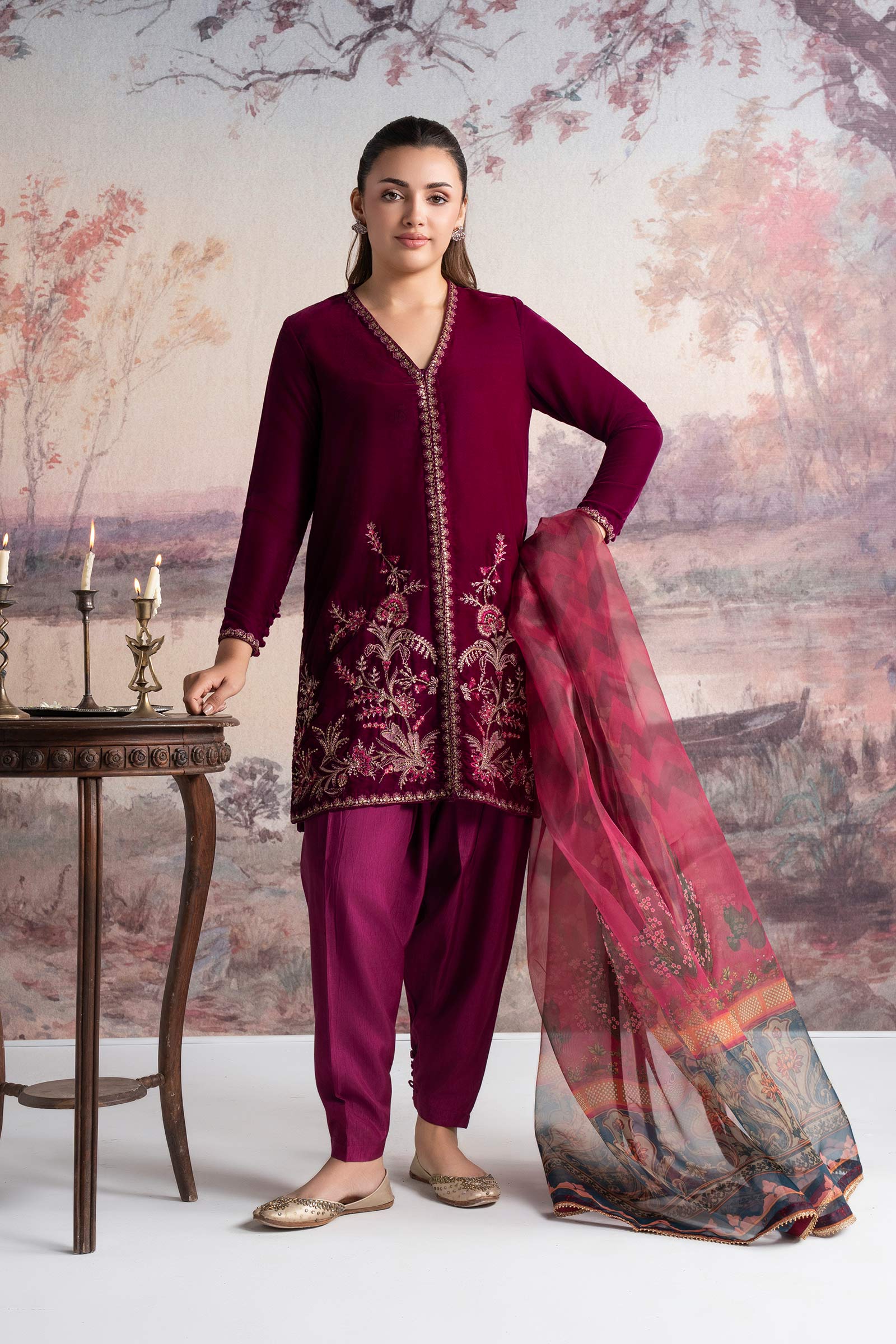 3 Pc Embroidered Velvet Suit