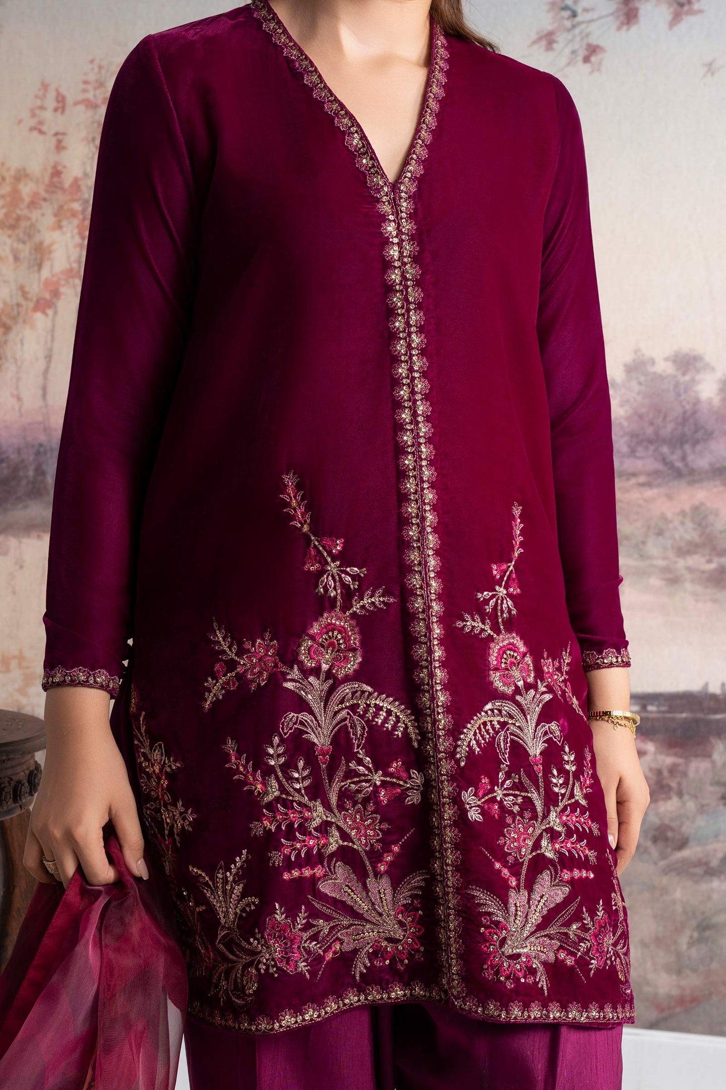3 Pc Embroidered Velvet Suit