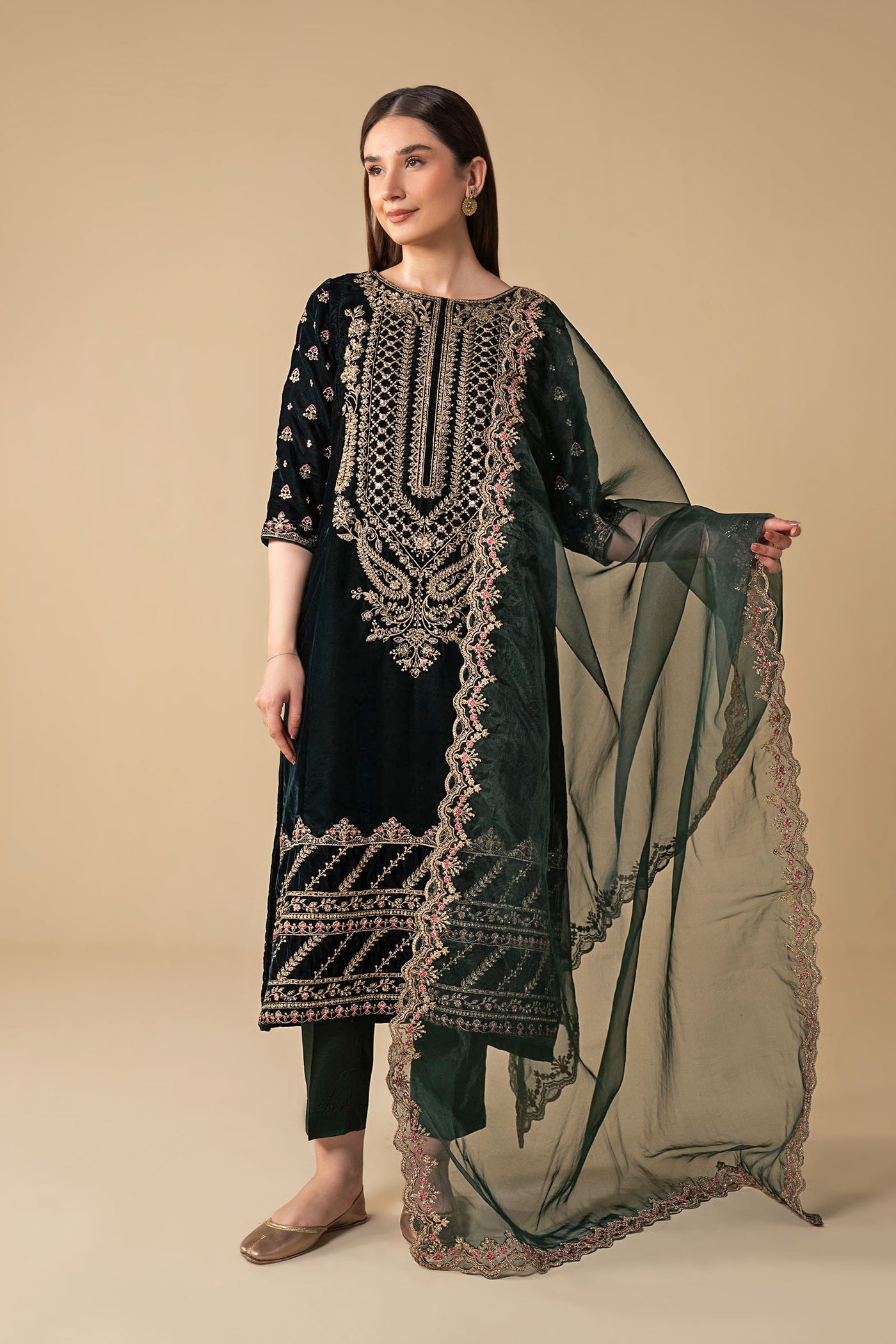 3 Pc Embroidered Velvet Suit