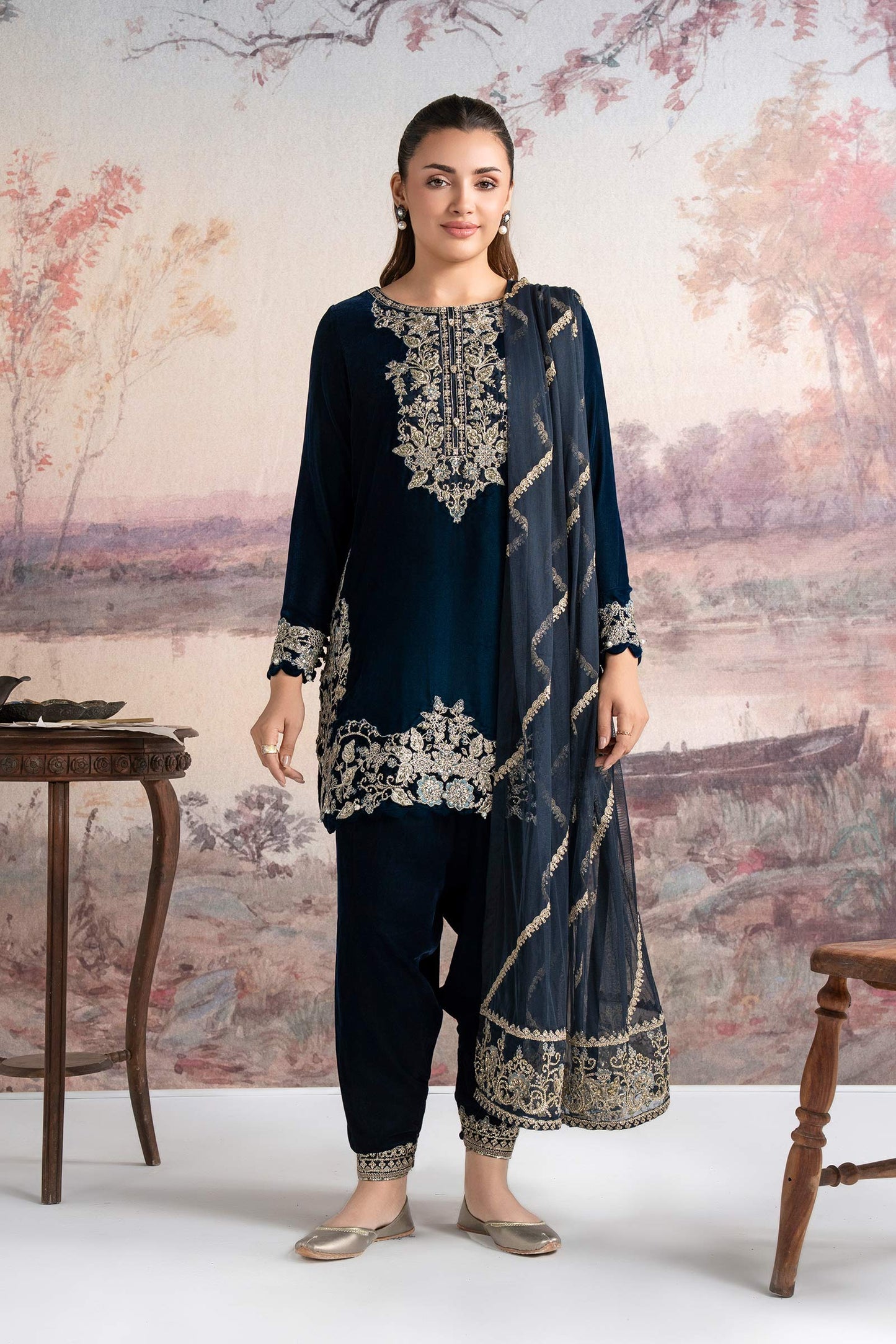 3 Pc Embroidered Velvet Suit