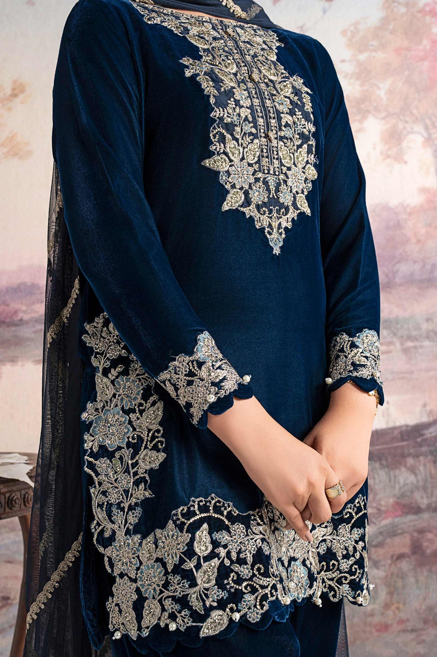 3 Pc Embroidered Velvet Suit