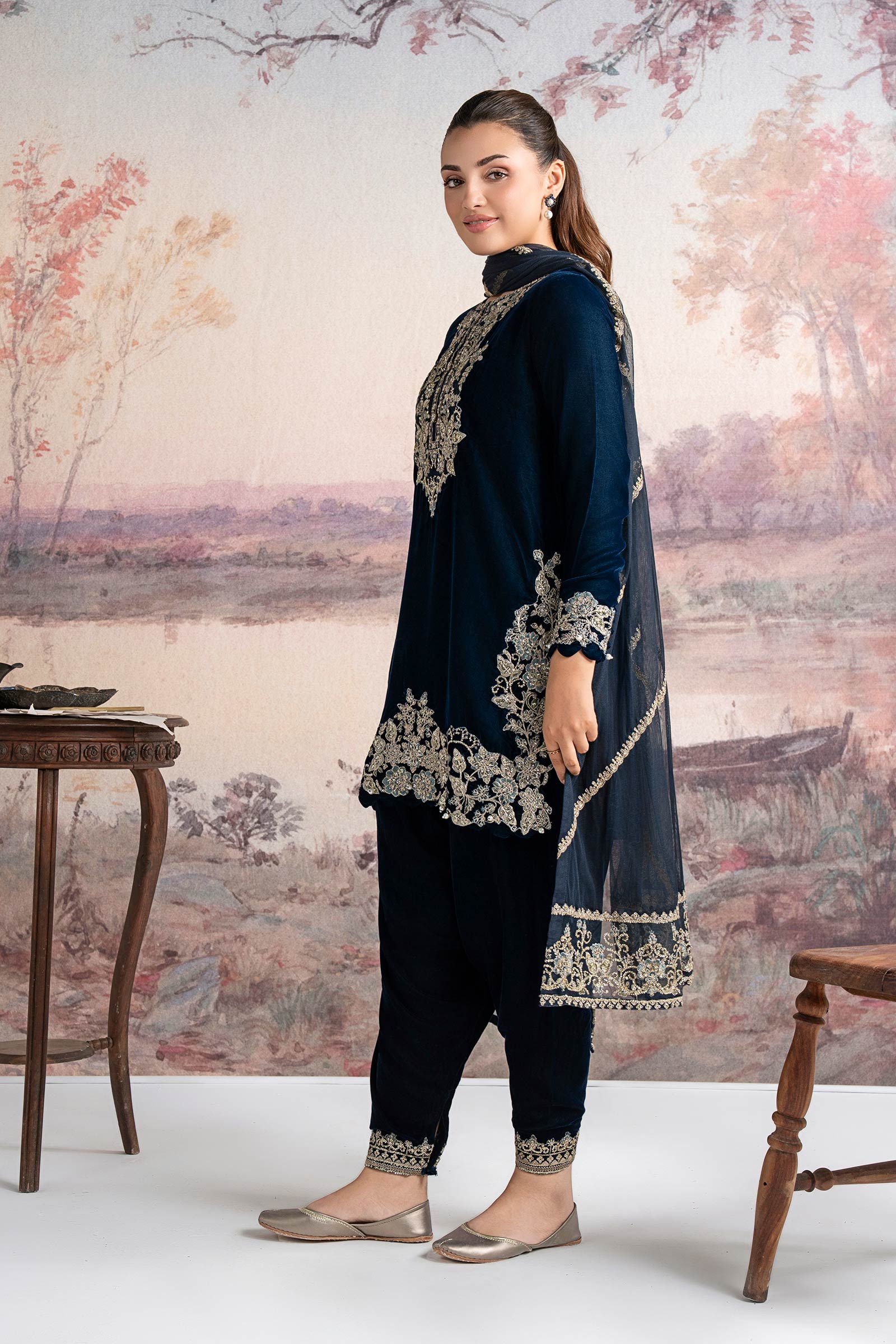 3 Pc Embroidered Velvet Suit