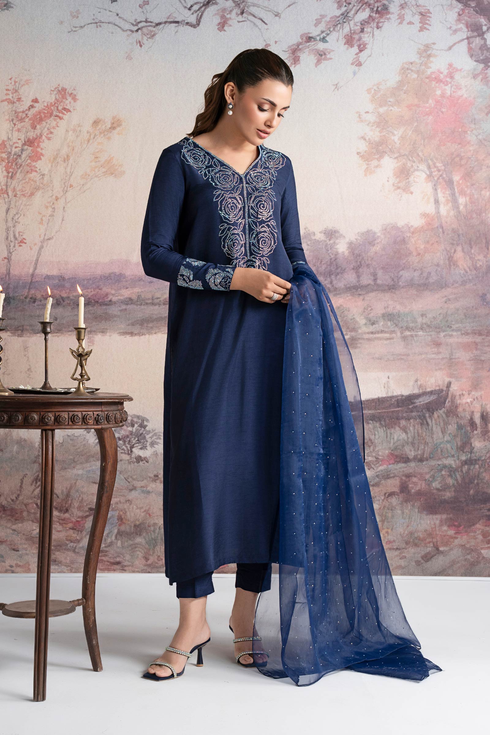3 Pc Embellished Raw Silk Suit