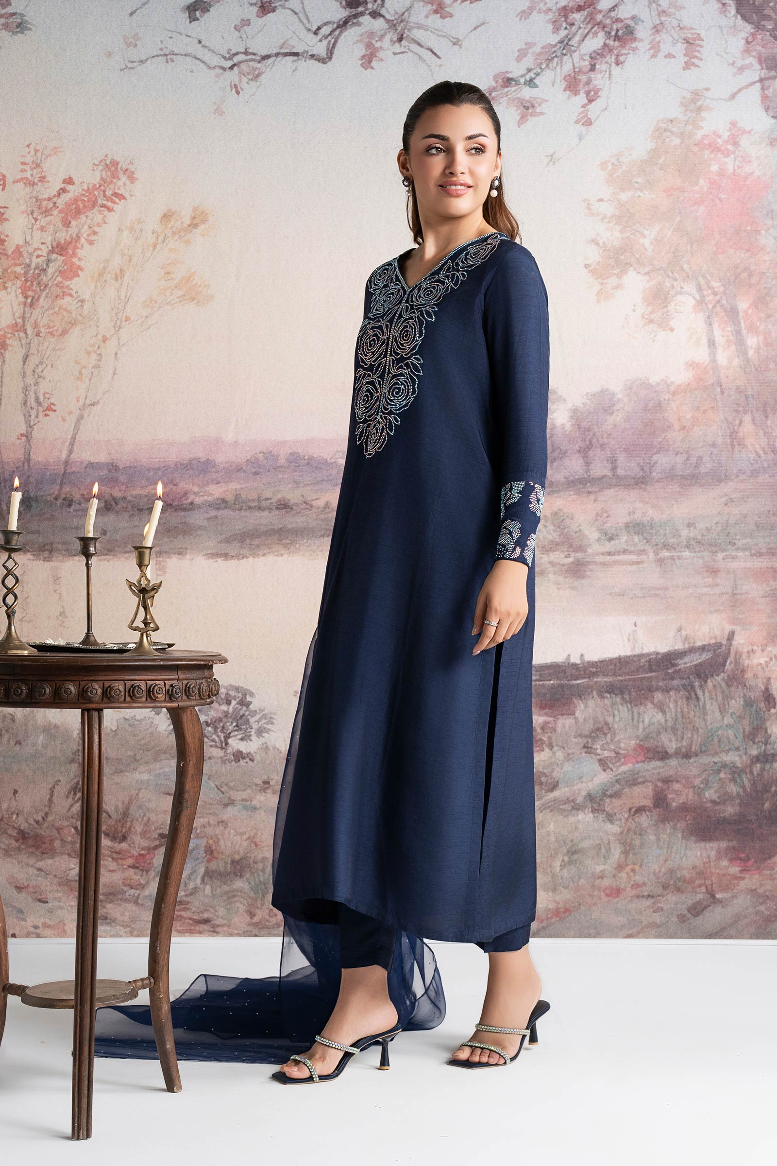 3 Pc Embellished Raw Silk Suit