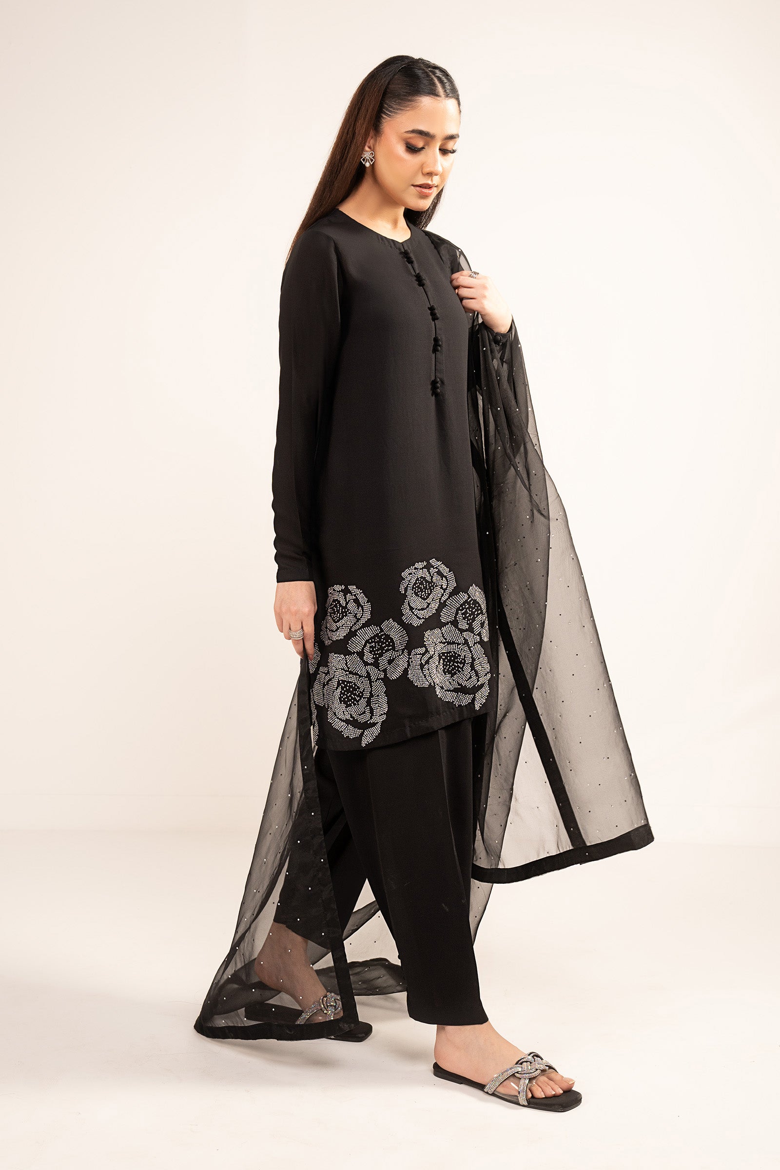 3 Pc Embellished Raw Silk Suit