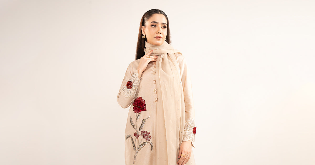3 Pc Embellished Raw Silk Suit