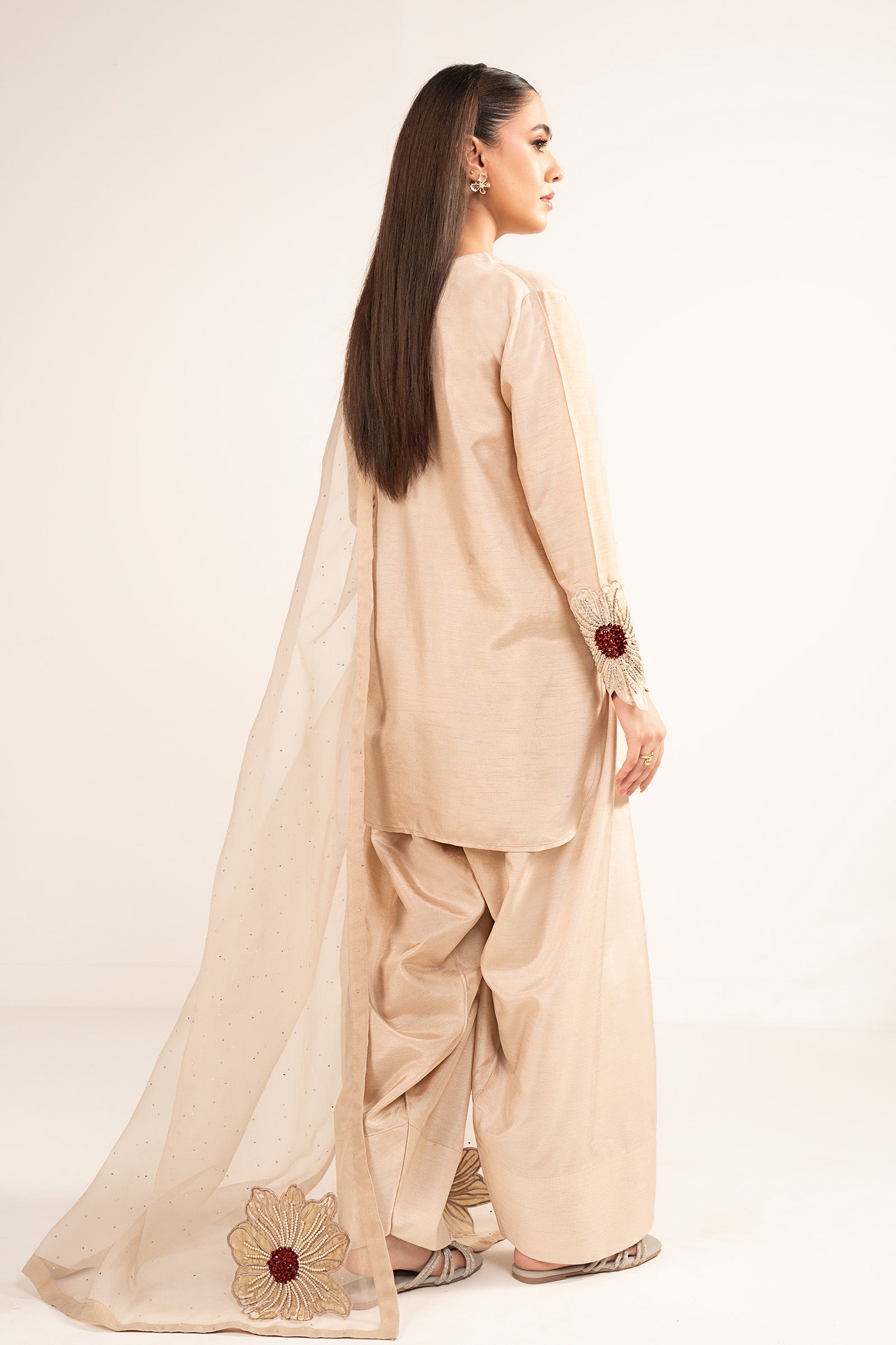 3 Pc Embellished Raw Silk Suit