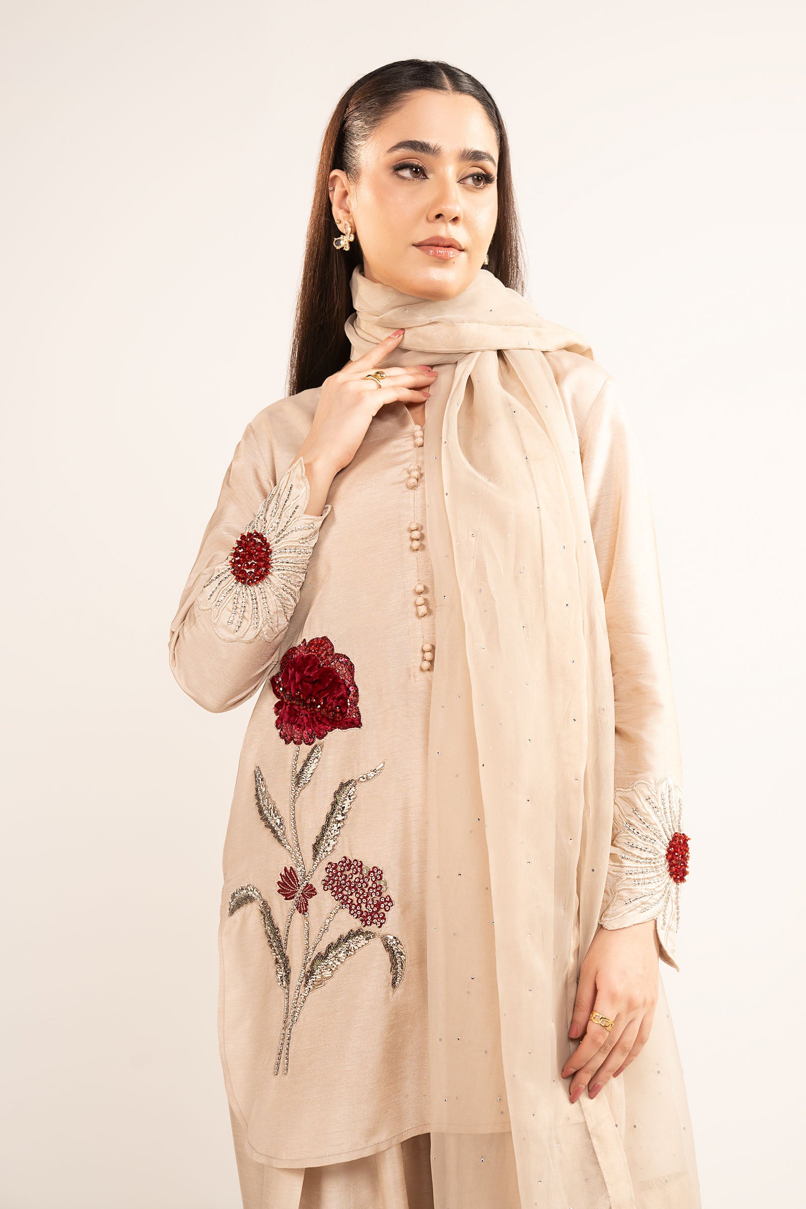 3 Pc Embellished Raw Silk Suit