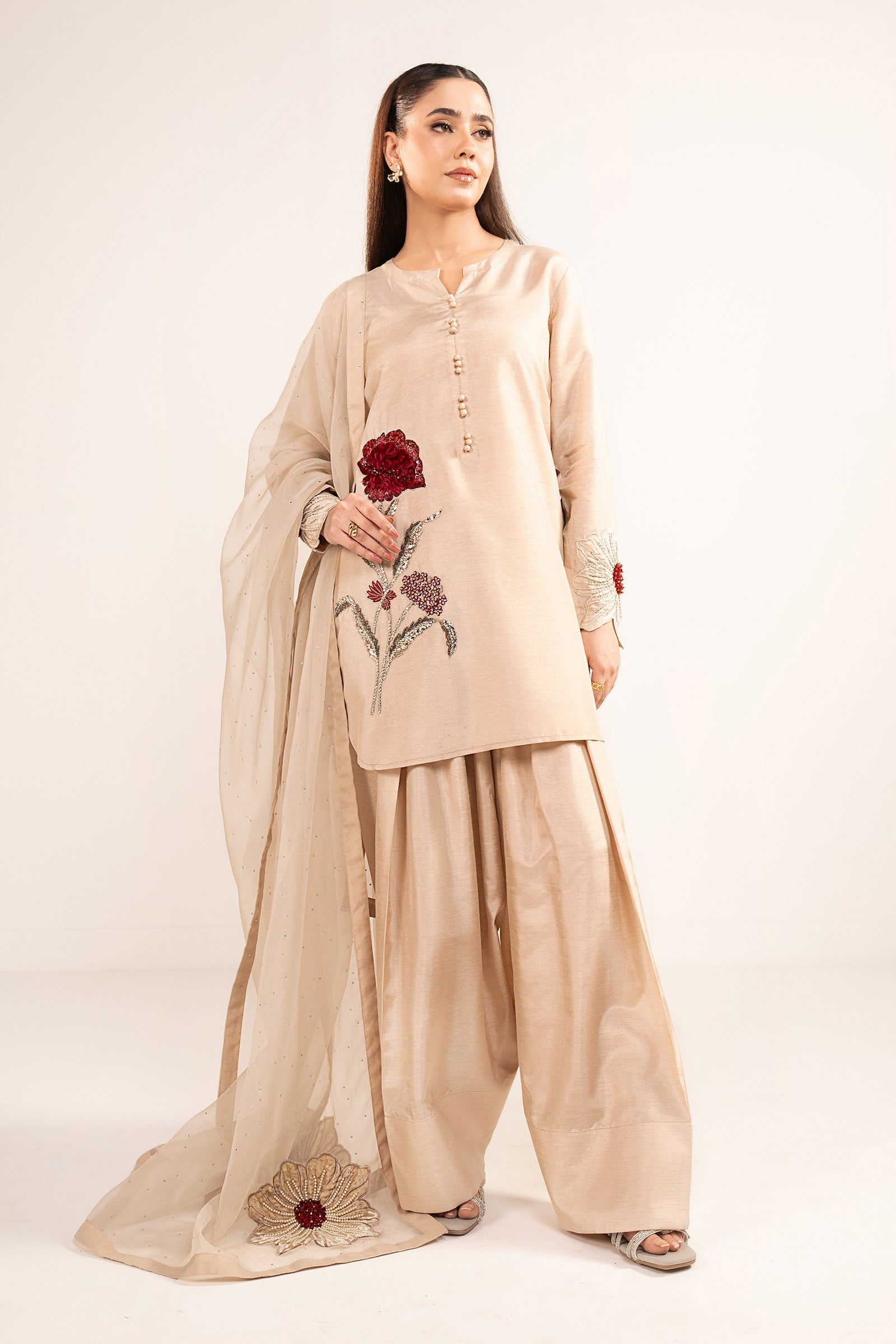 3 Pc Embellished Raw Silk Suit