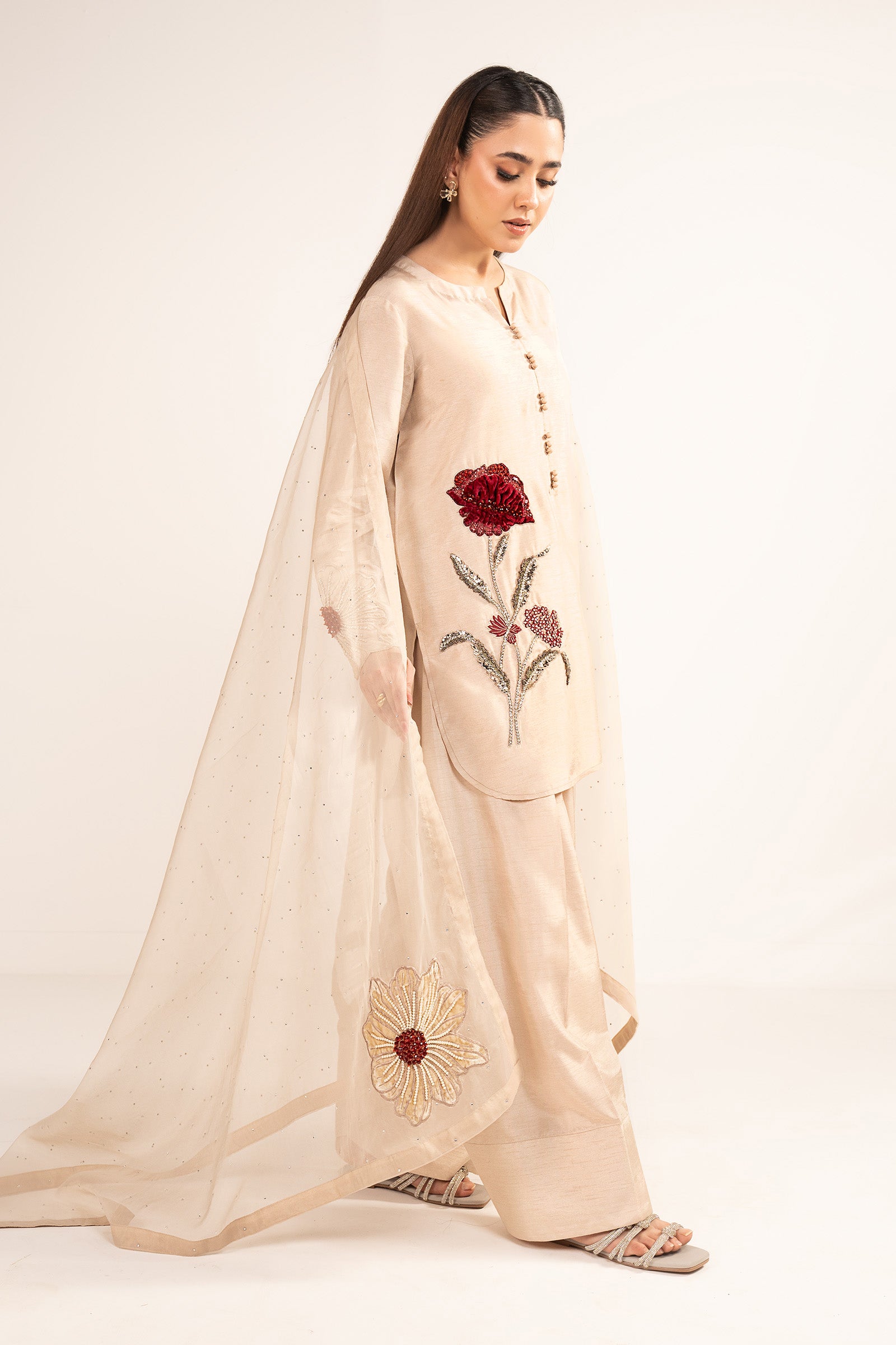 3 Pc Embellished Raw Silk Suit