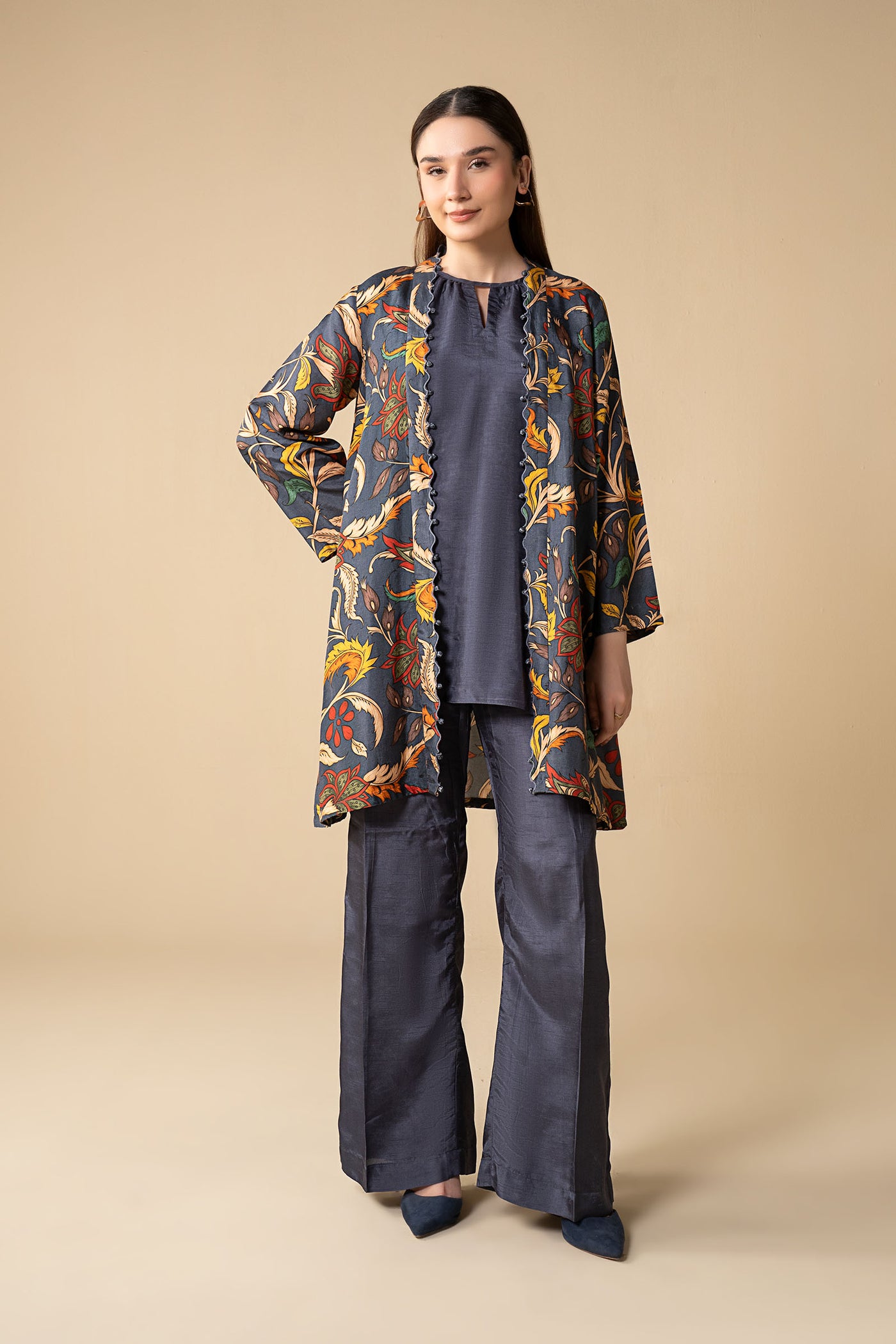 3 Pc Printed Raw Silk Suit