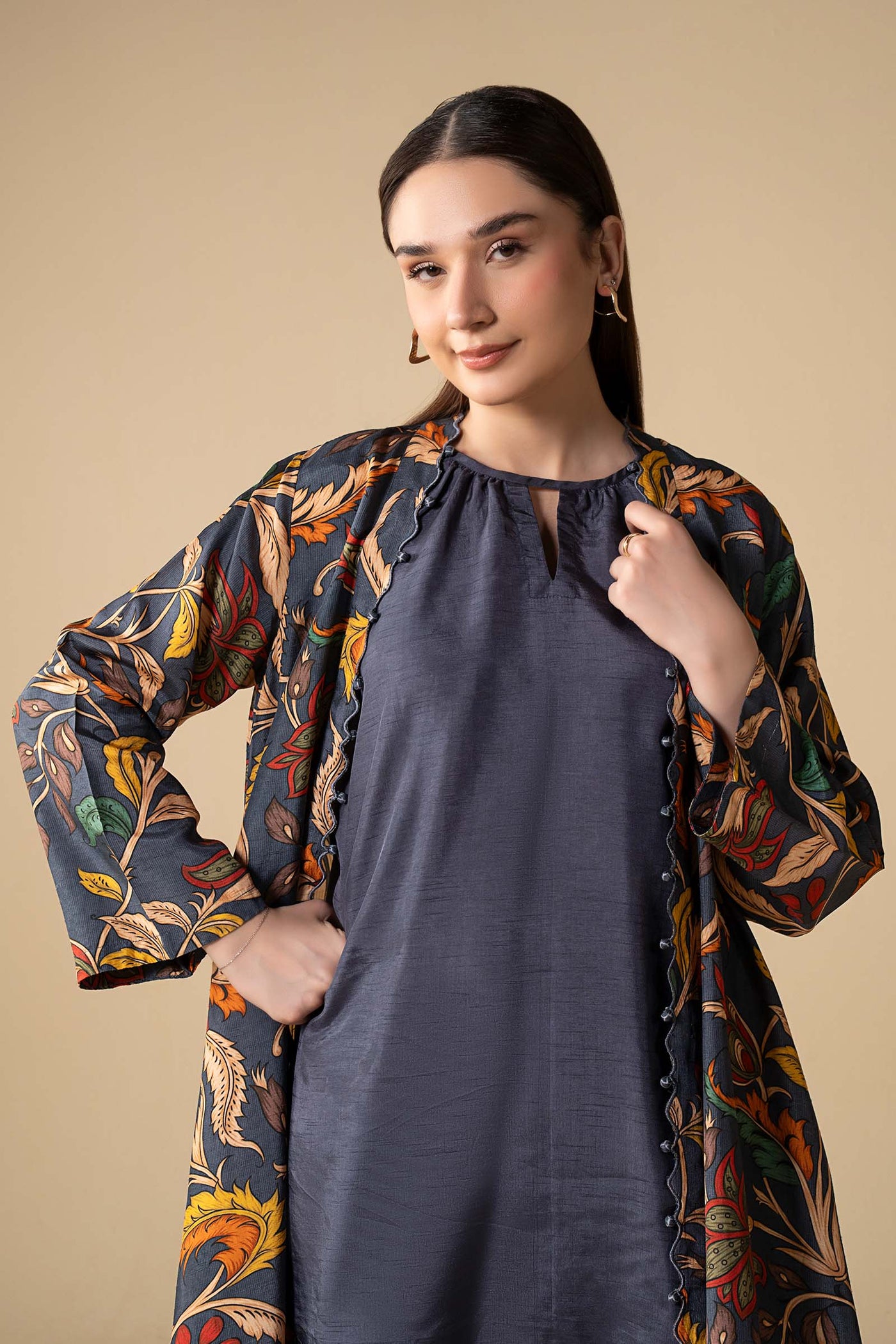 3 Pc Printed Raw Silk Suit