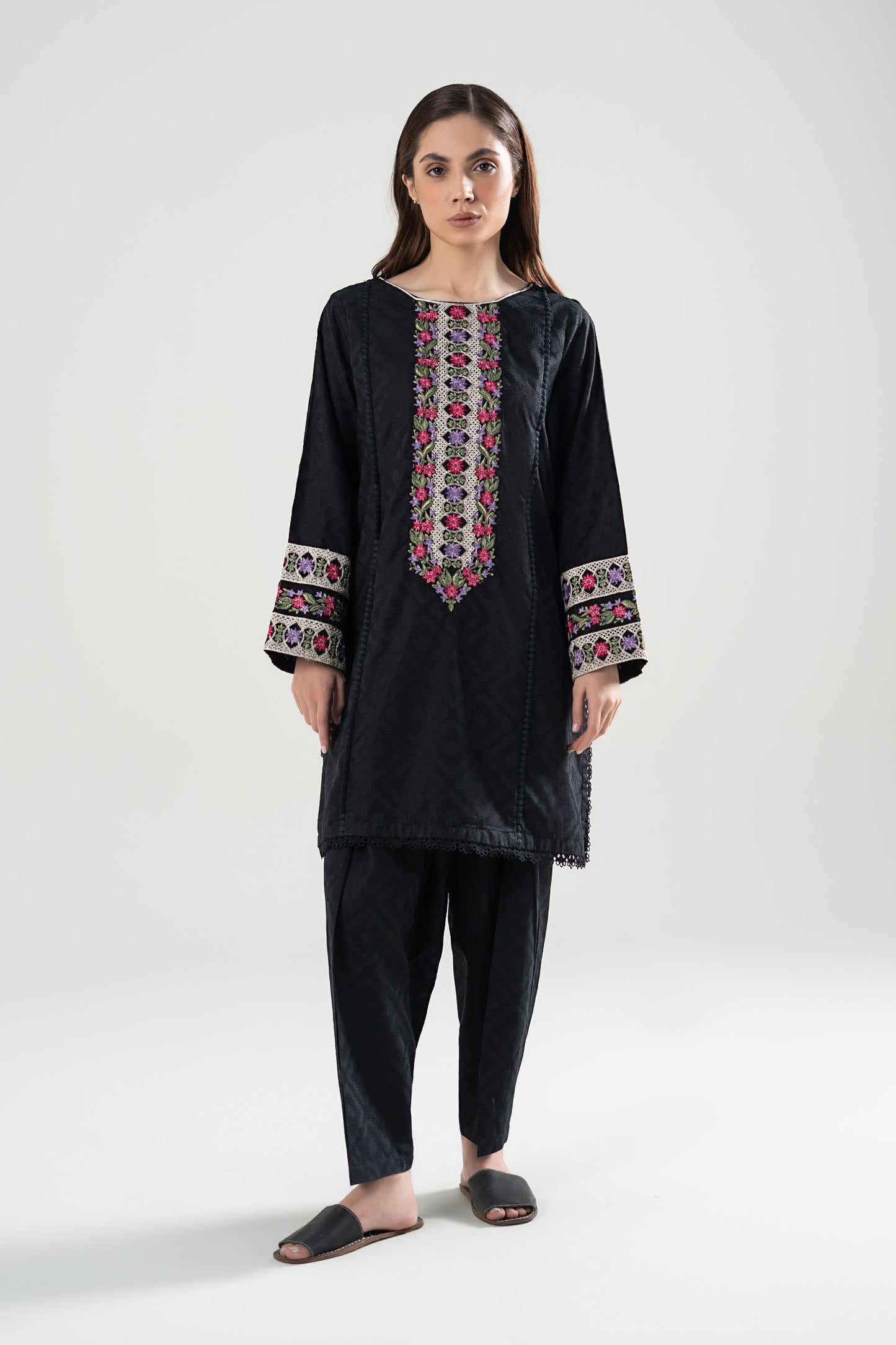 2 Pc Embroidered Textured Suit