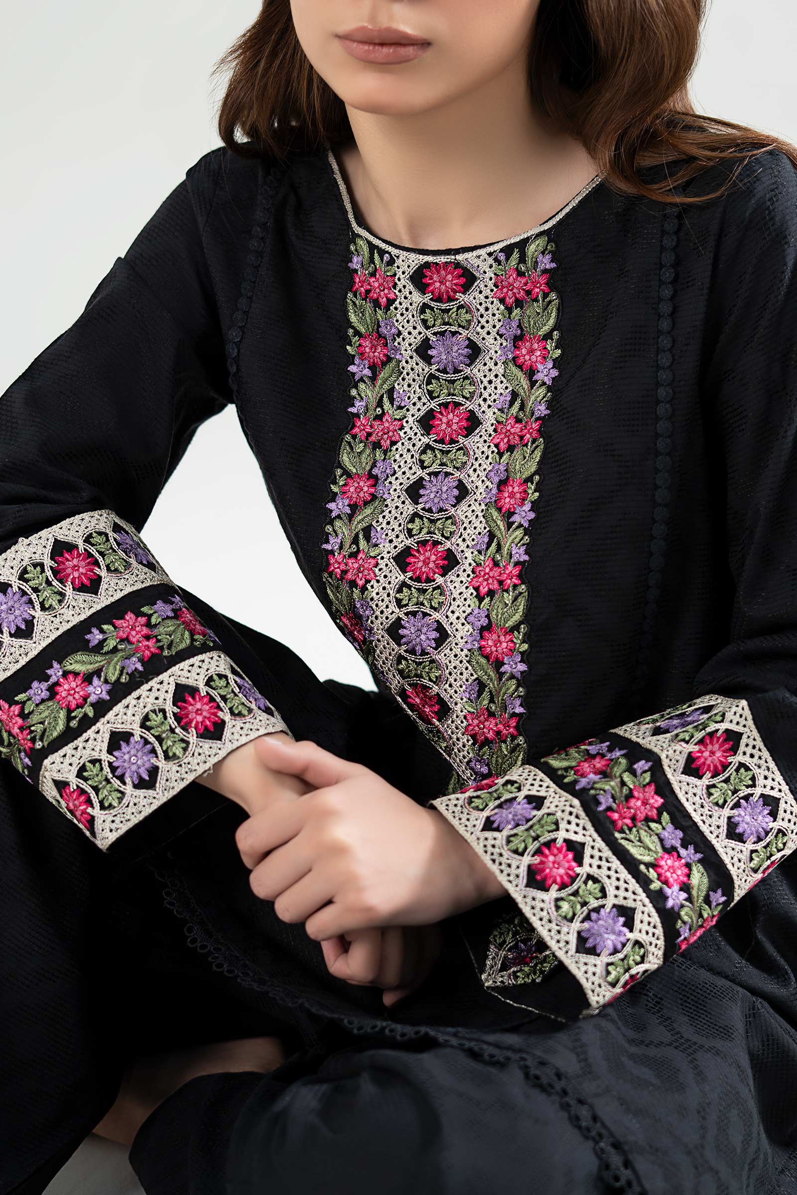 2 Pc Embroidered Textured Suit