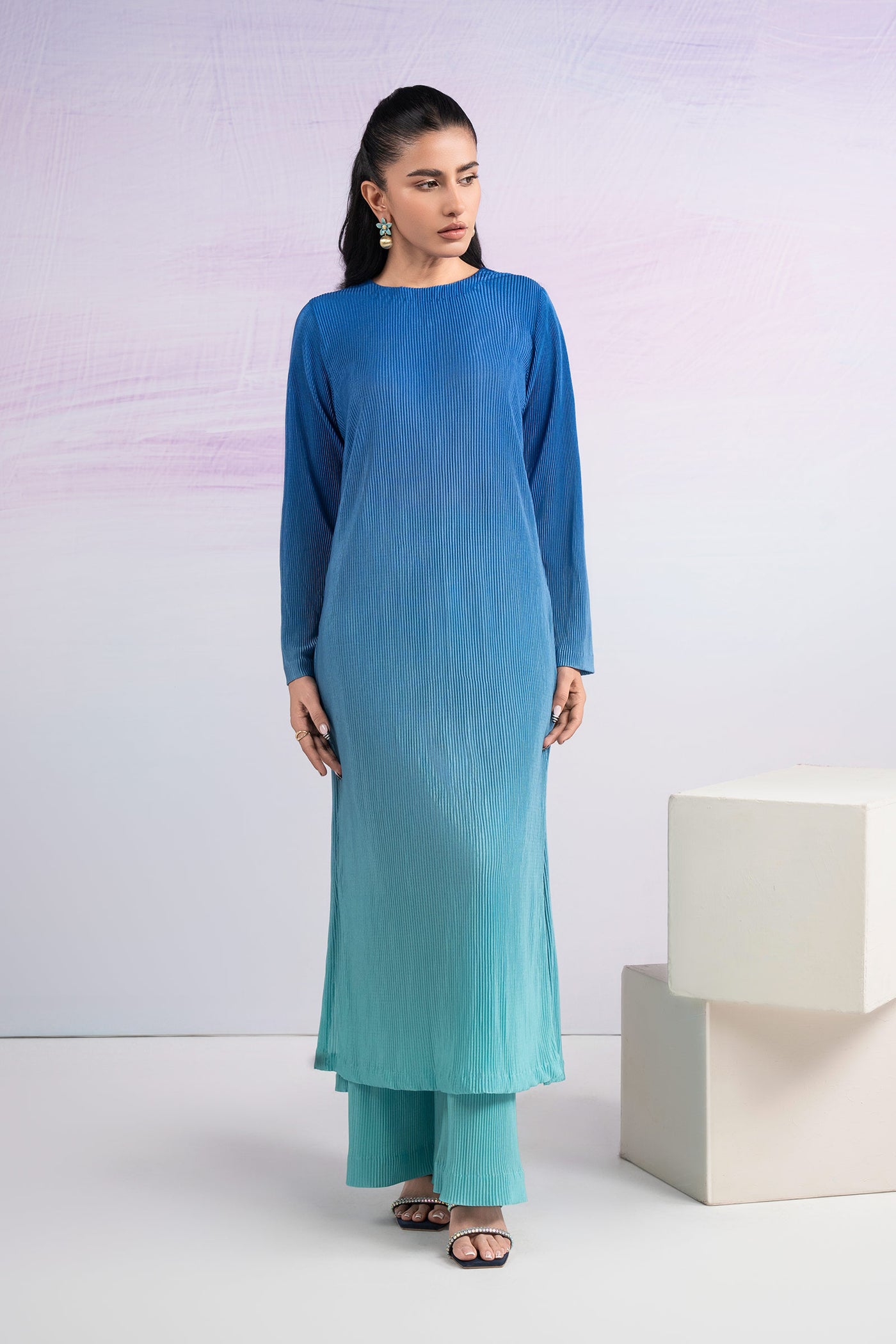 2 Pc Dyed Pleated Silk Striped Suit