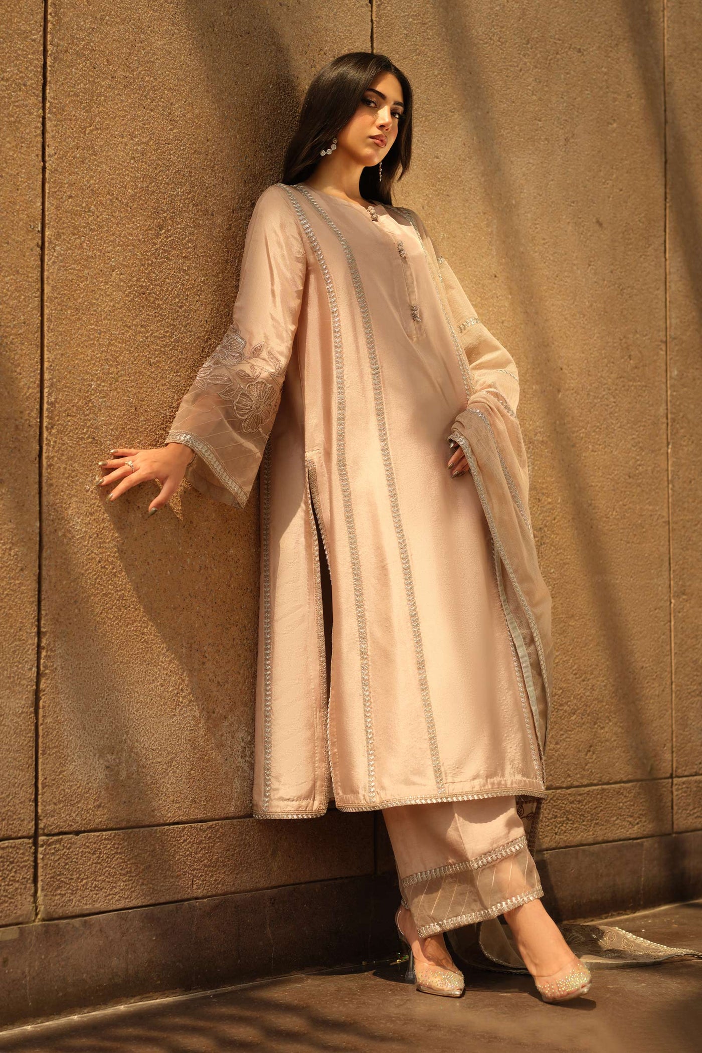 3 Piece Embroidered Tassel Silk Suit