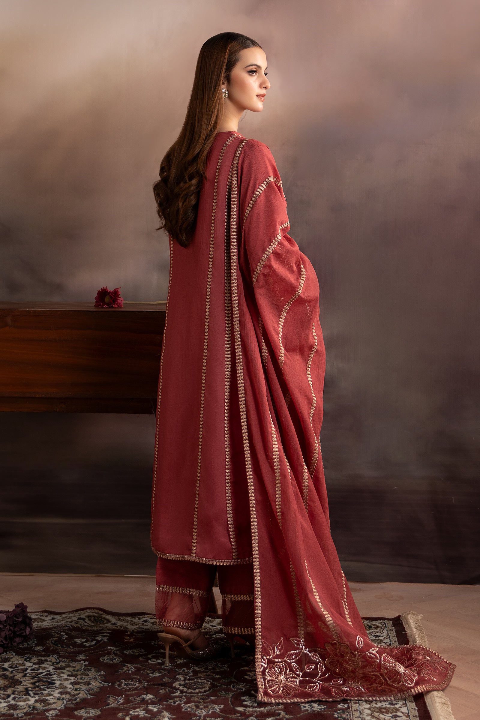 3 Piece Embroidered Tassel Silk Suit