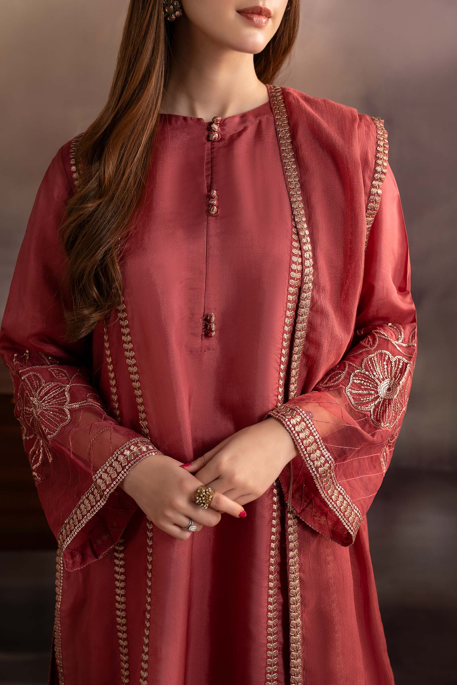 3 Piece Embroidered Tassel Silk Suit