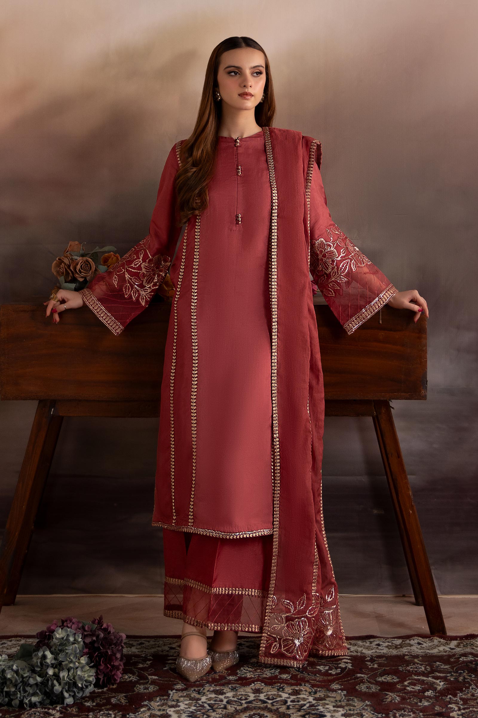 3 Piece Embroidered Tassel Silk Suit