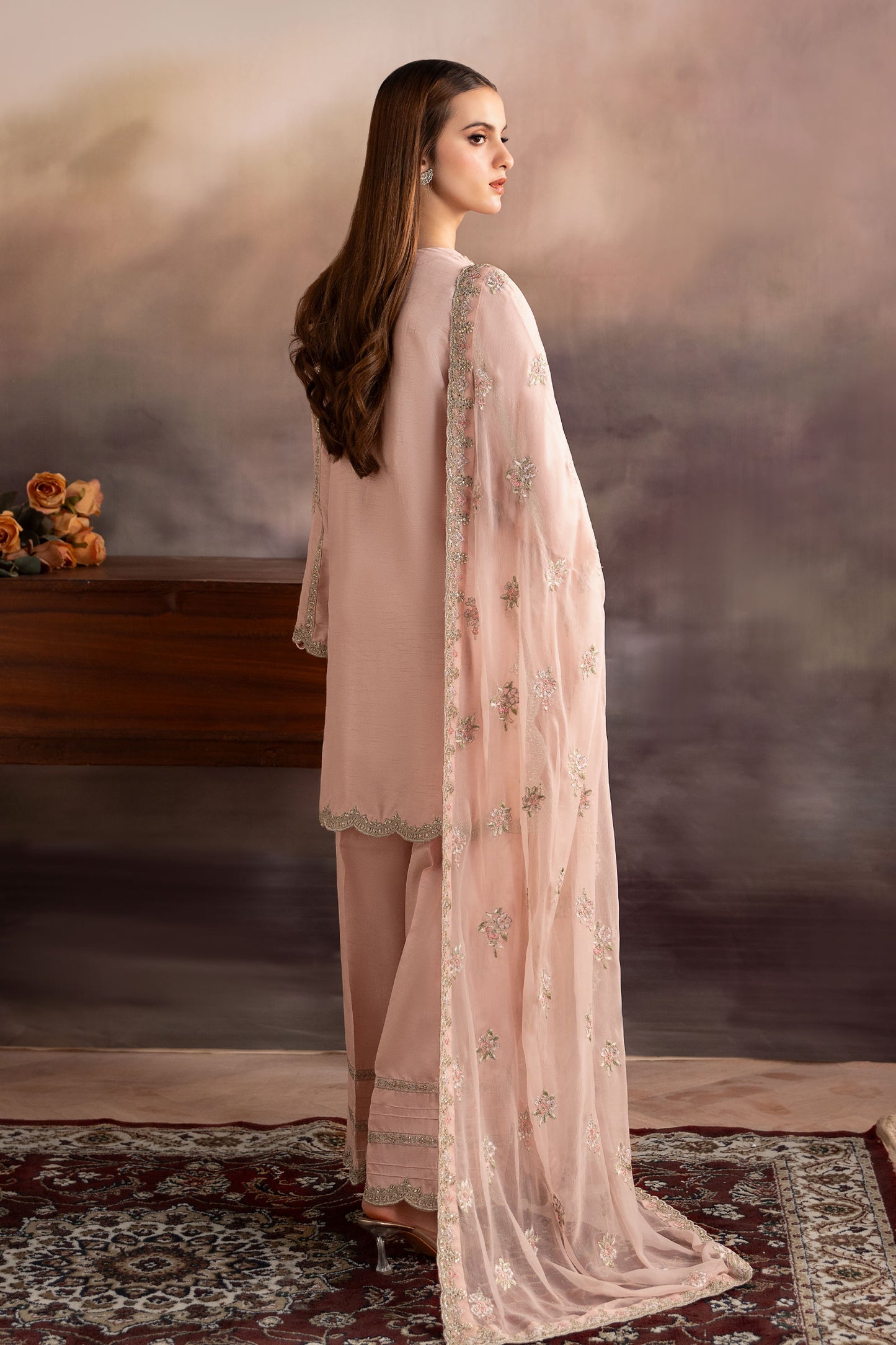 3 Piece Embroidered Raw Silk Suit