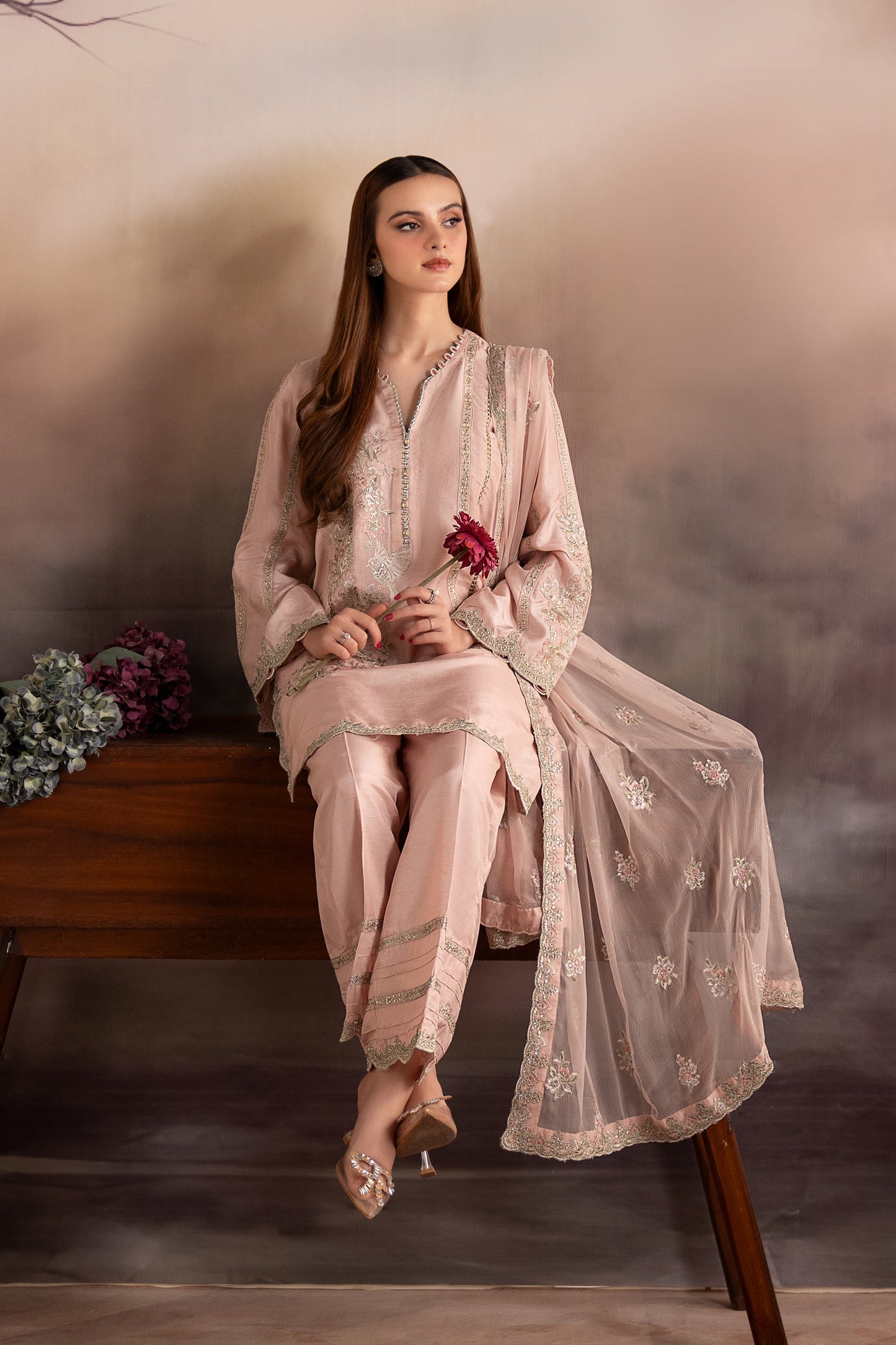 3 Piece Embroidered Raw Silk Suit