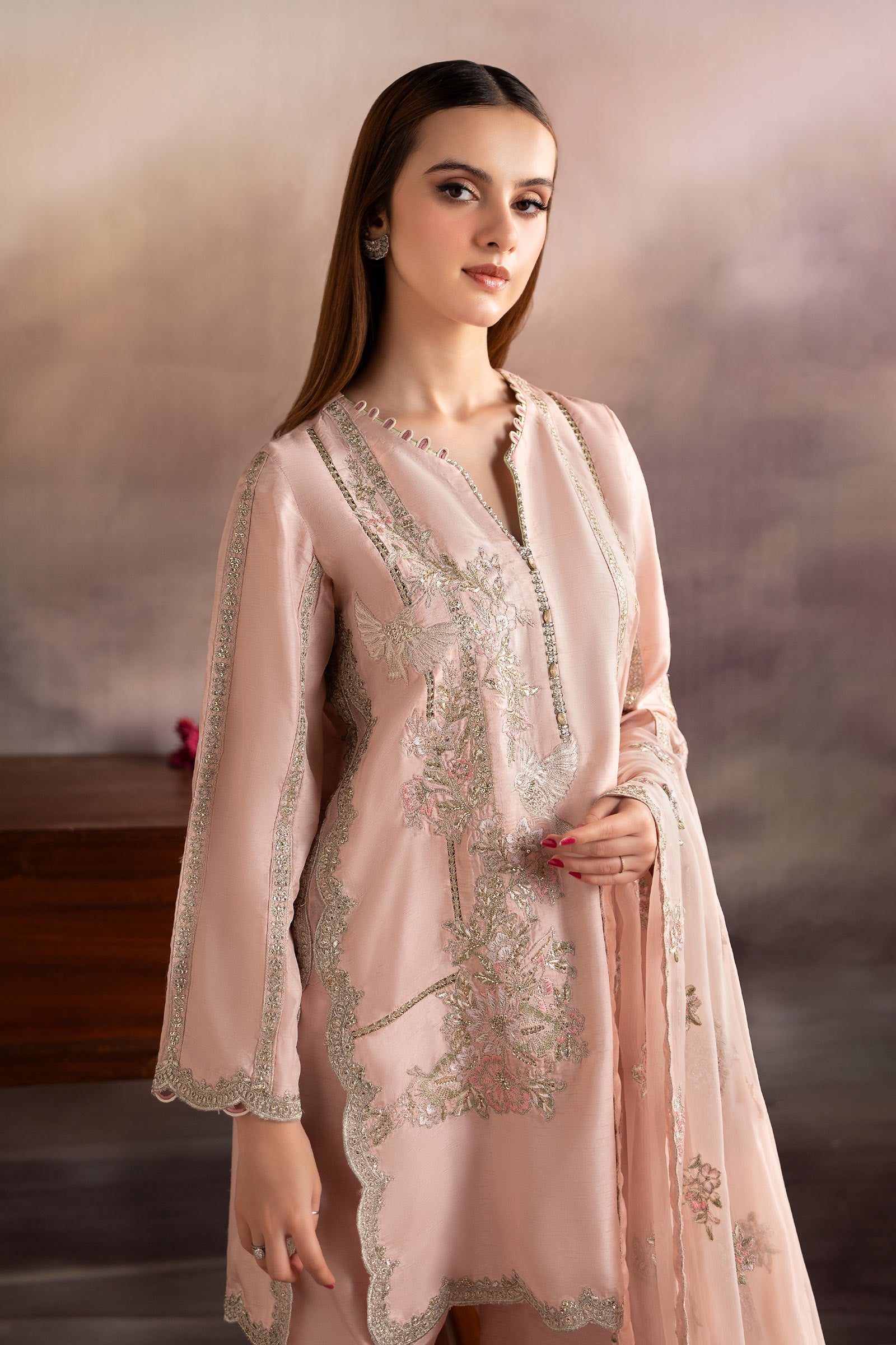 3 Piece Embroidered Raw Silk Suit